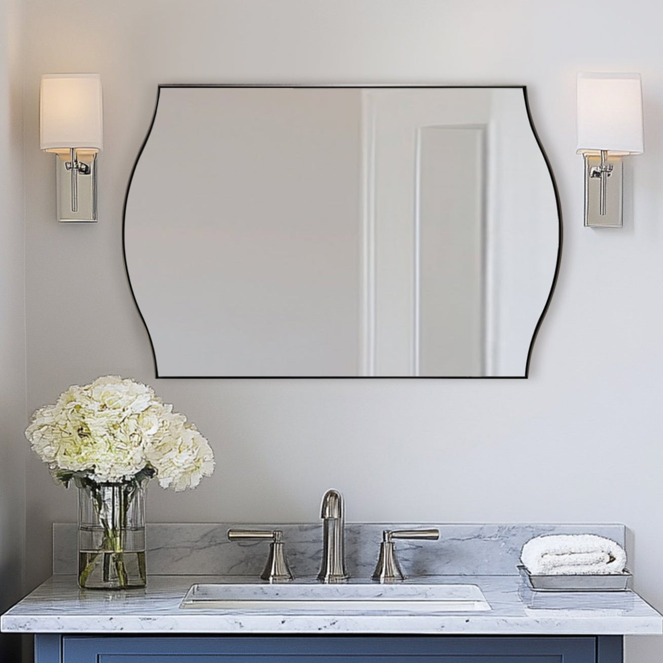 Dual Curve Arch Rectangular Scalloped Bathroom Wall Mirror |Stainless Steel Framed