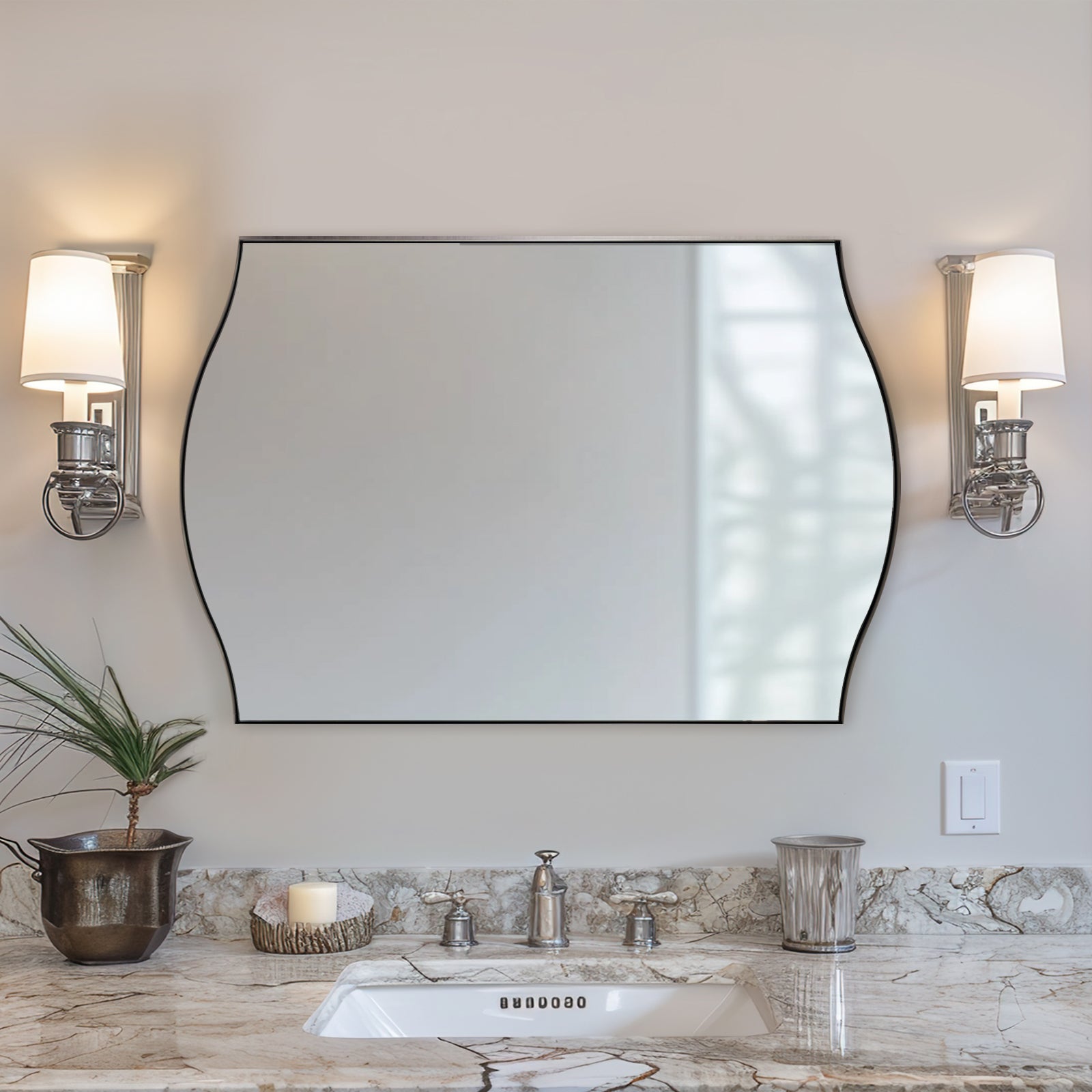 Dual Curve Arch Rectangular Scalloped Bathroom Wall Mirror |Stainless Steel Framed
