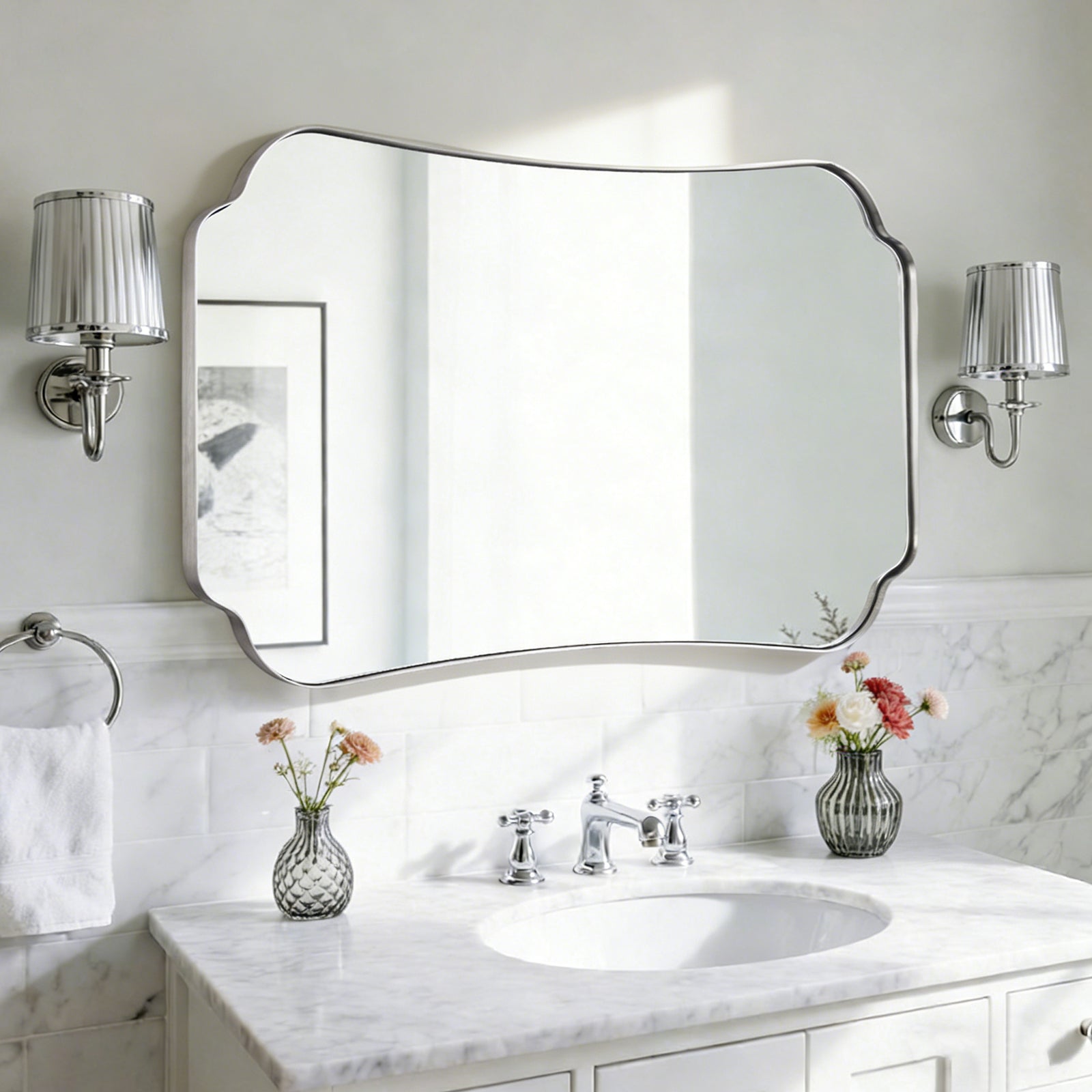 Contemporary Concave Edge Scalloped Bathroom Mirror Decorative | Stainless Steel Frame
