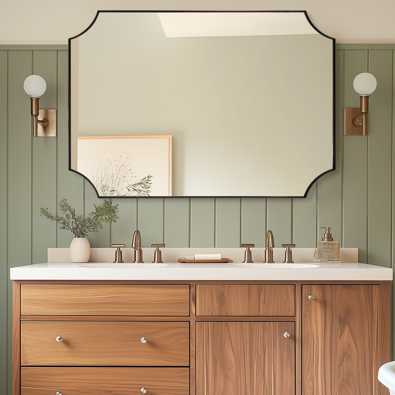 Contemporary Notched Corner Scalloped Rectangle Bathroom Vanity Mirror | Stainless Steel Frame