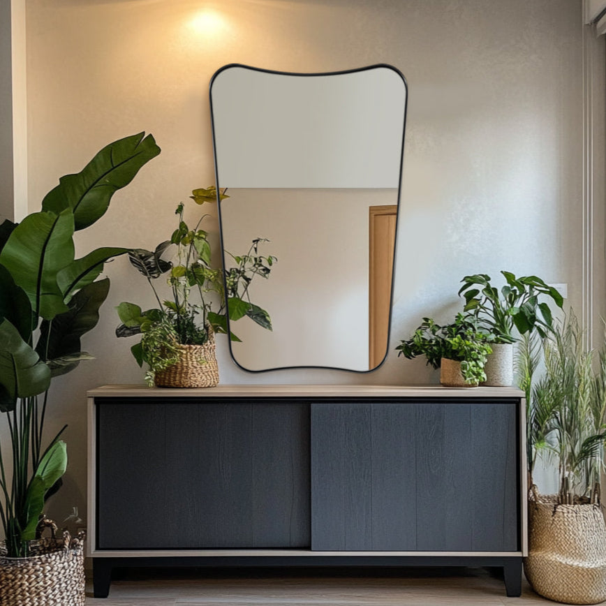 Contemporary Asymmetrical Irregular Wall Mirror for Bathroom |Stainless Steel Frame