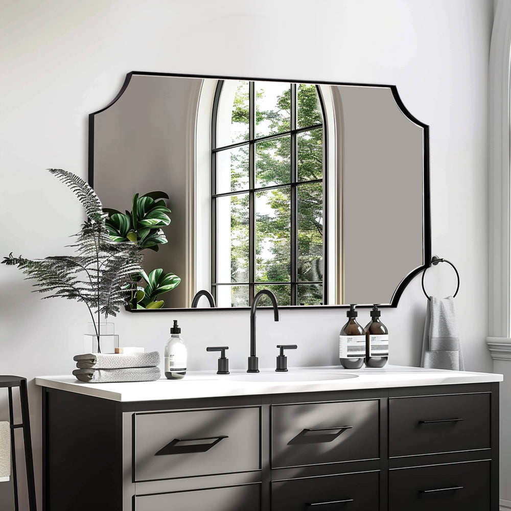 Contemporary Rounded Notched Corner Scalloped Rectangle Bathroom Vanity Mirror | Stainless Steel Frame