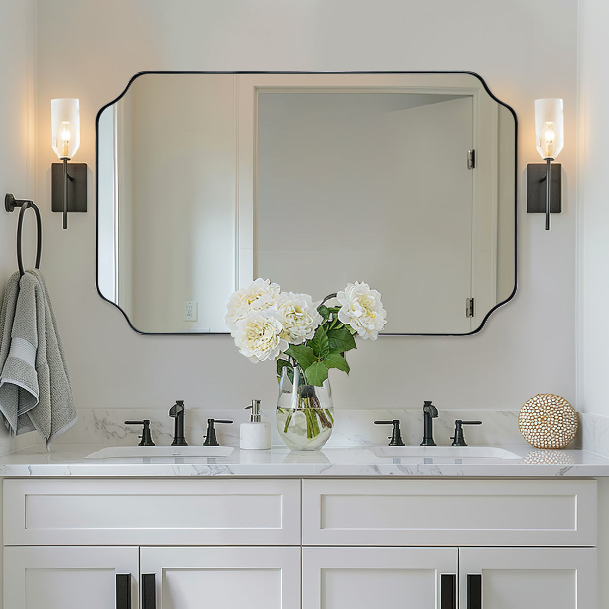Contemporary Notched Corner Rectangle Scalloped Mirror for Wall /Bathroom | Stainless Steel Frame