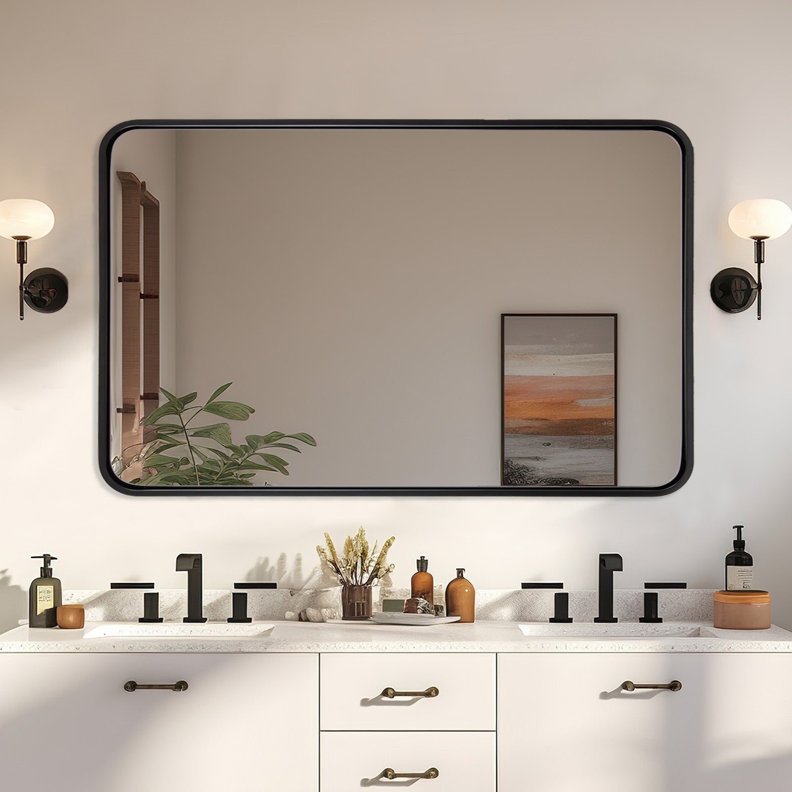 Modern Rounded Rectangular Bathroom Wall Mirror |Thicker Stainless Steel Framed