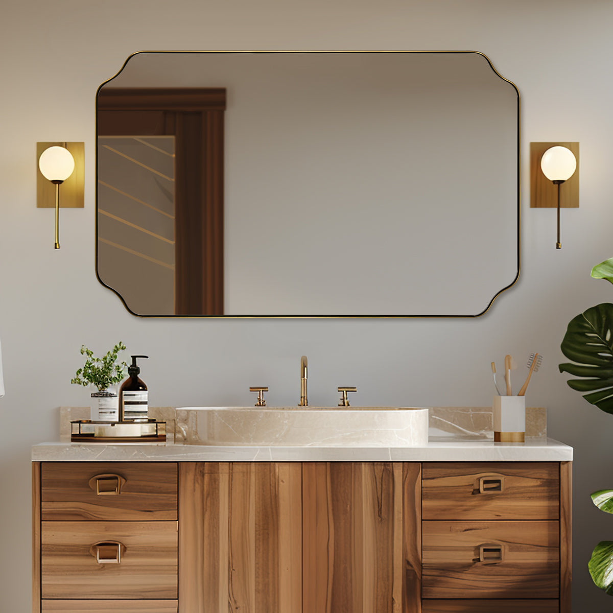 Contemporary Notched Corner Rectangle Scalloped Mirror for Wall /Bathroom | Stainless Steel Frame