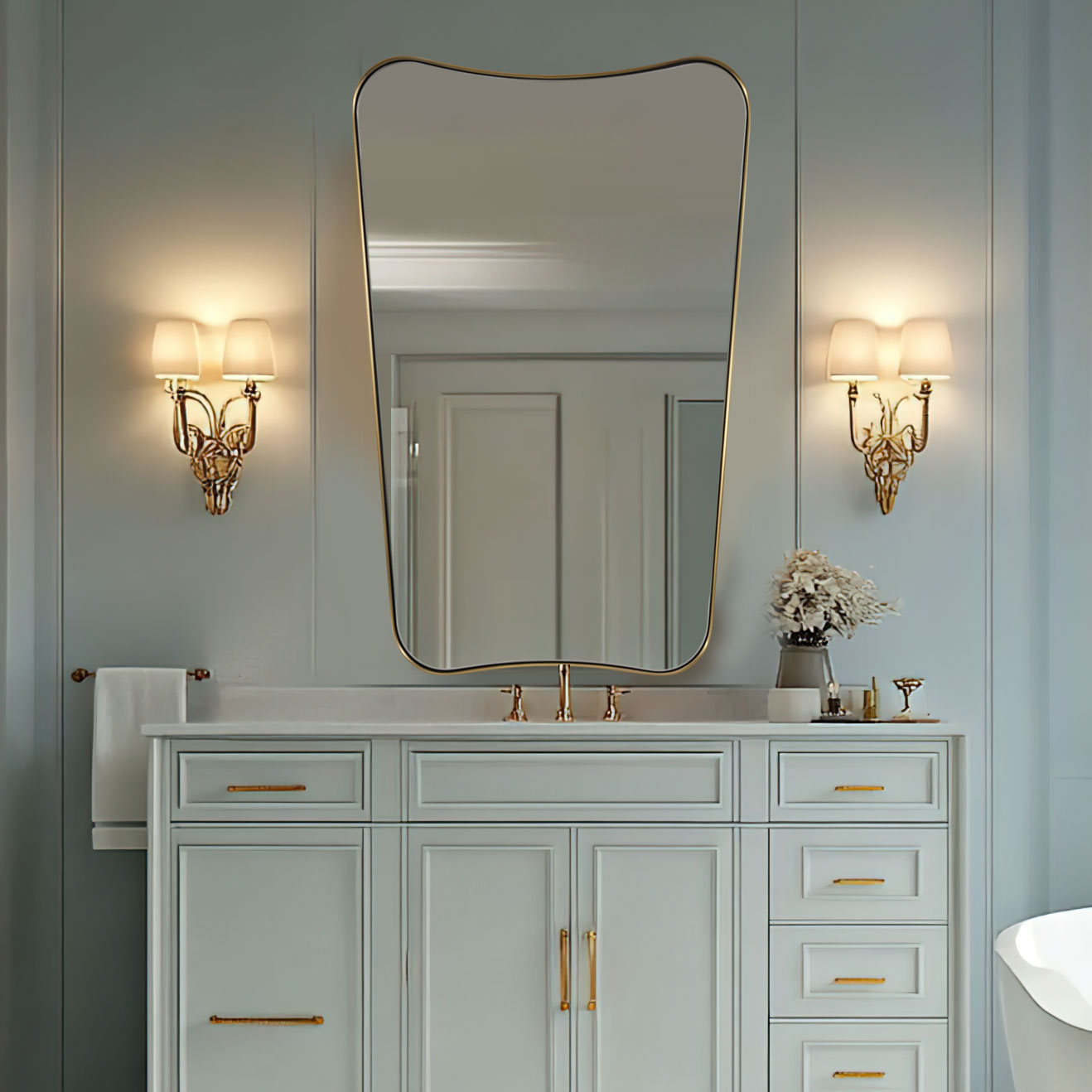 Antique Concave Top Rectangle Scalloped Decor Bathroom Mirror |Stainless Steel Frame