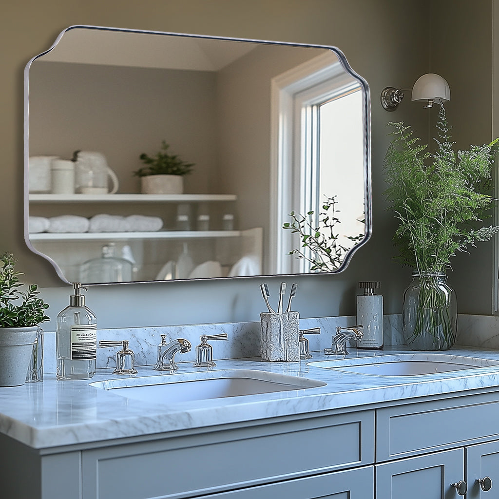 Contemporary Notched Corner Rectangle Scalloped Mirror for Wall /Bathroom | Stainless Steel Frame