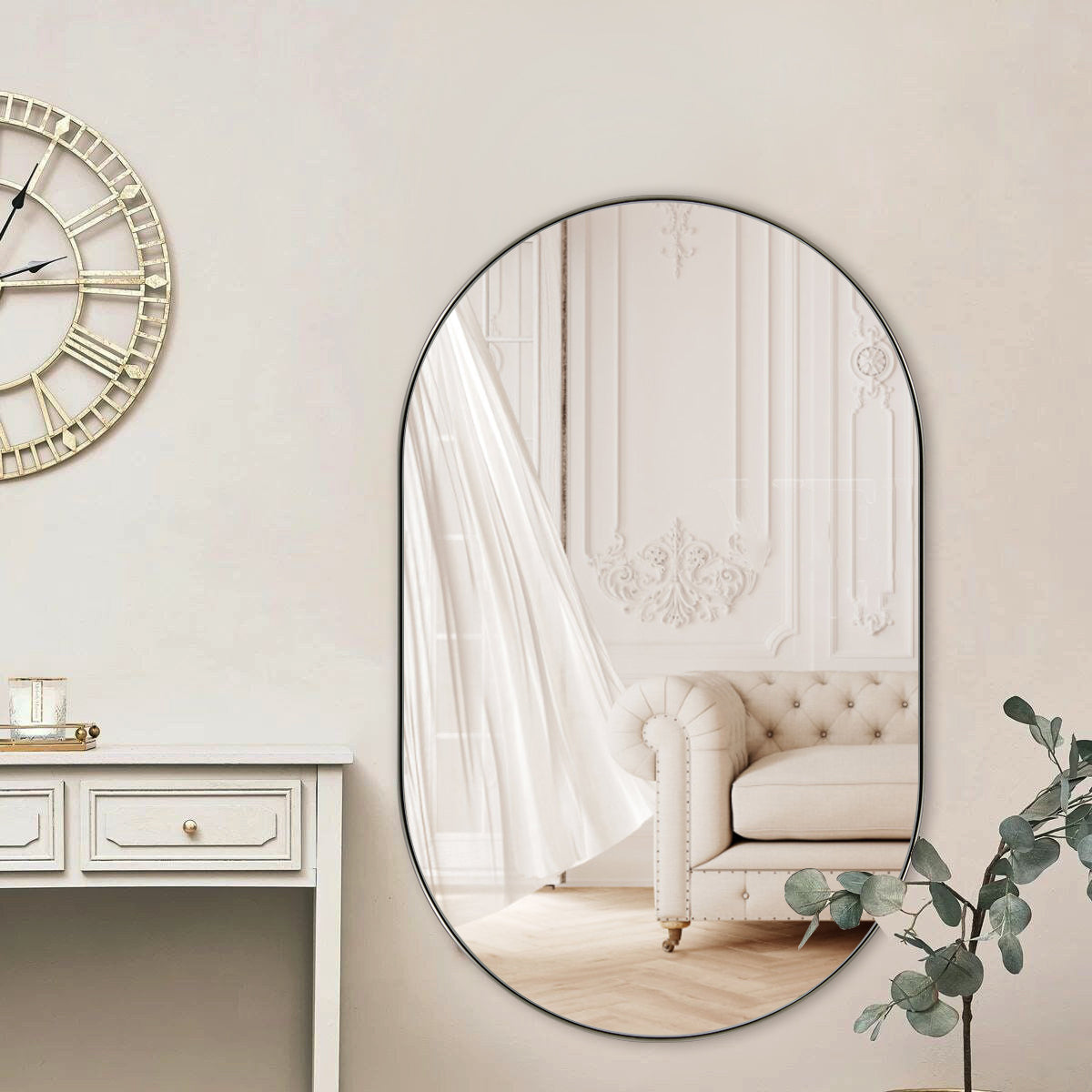 Full Length Pill Shaped Mirrors Wall Mounted, Full Body Long Leaning Mirror
