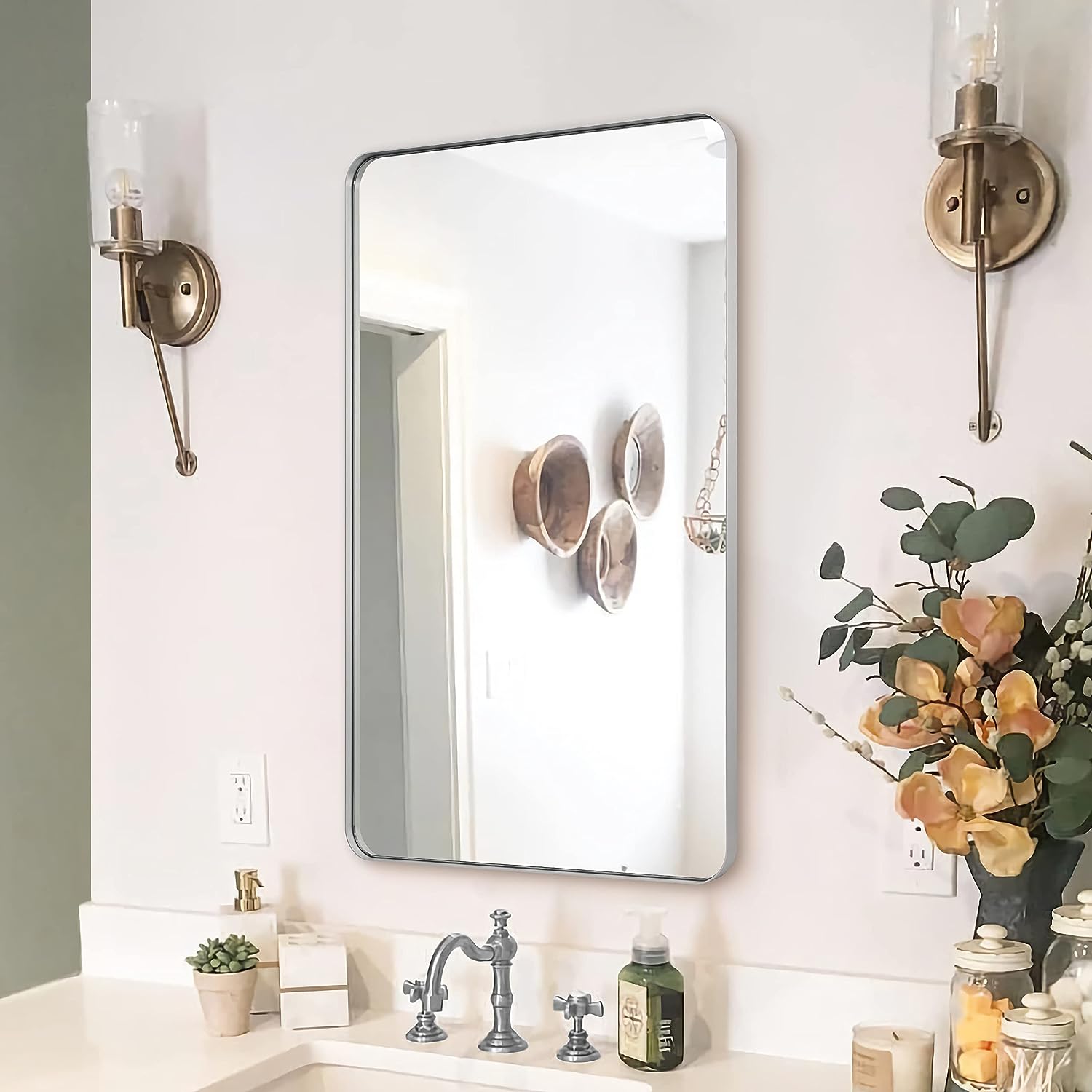 Modern Rounded Rectangular Bathroom Wall Mirrors with Aluminum Frame