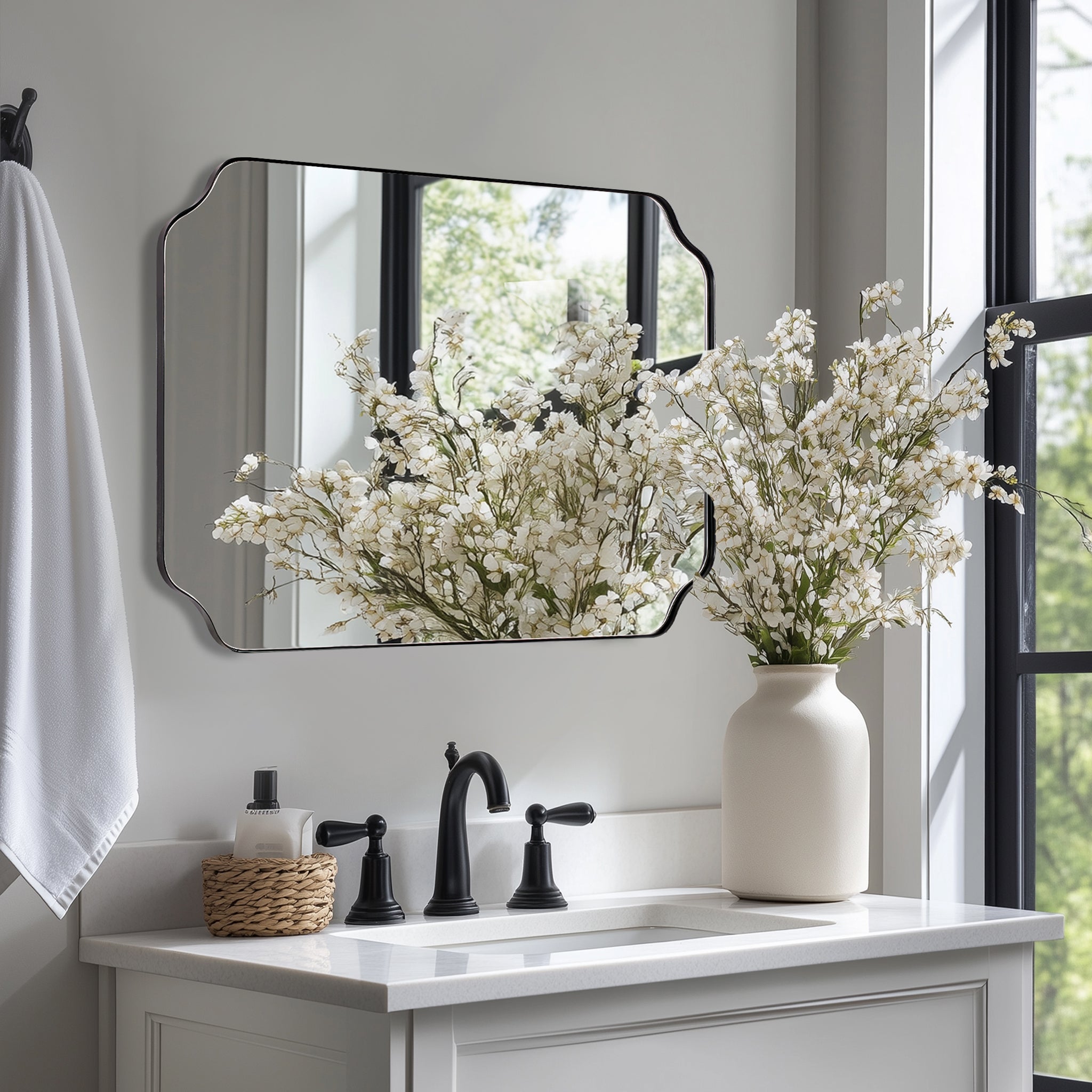 Contemporary Notched Corner Rectangle Scalloped Mirror for Wall /Bathroom | Stainless Steel Frame