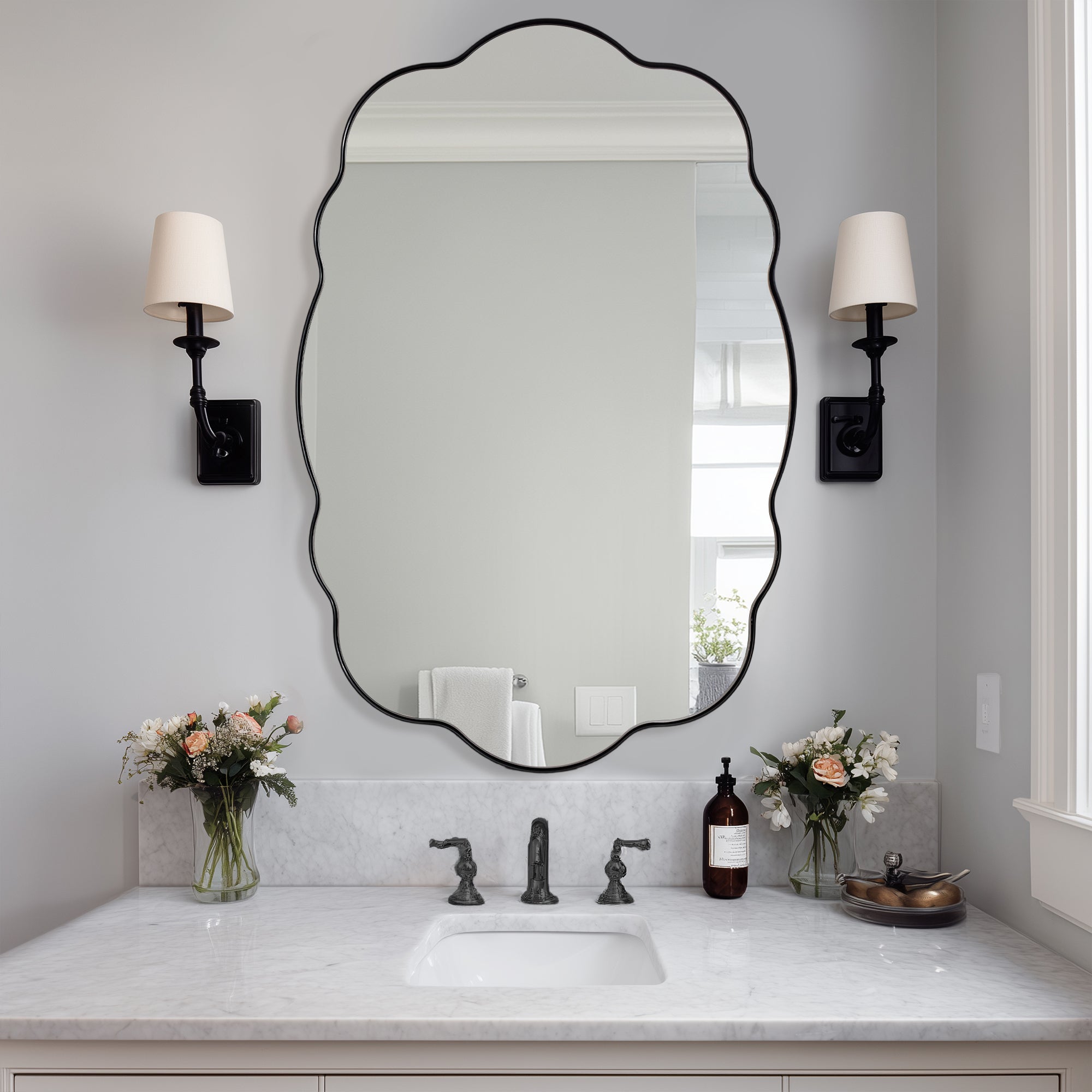 Contemporary Wavy Oval Scalloped Bathroom Vanity Mirror Irregular Organic Mirror| Stainless Steel Framed