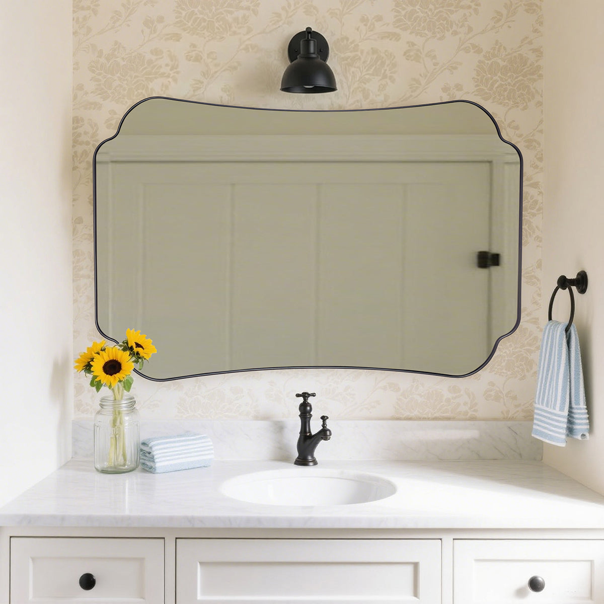 Contemporary Concave Edge Scalloped Bathroom Mirror Decorative | Stainless Steel Frame