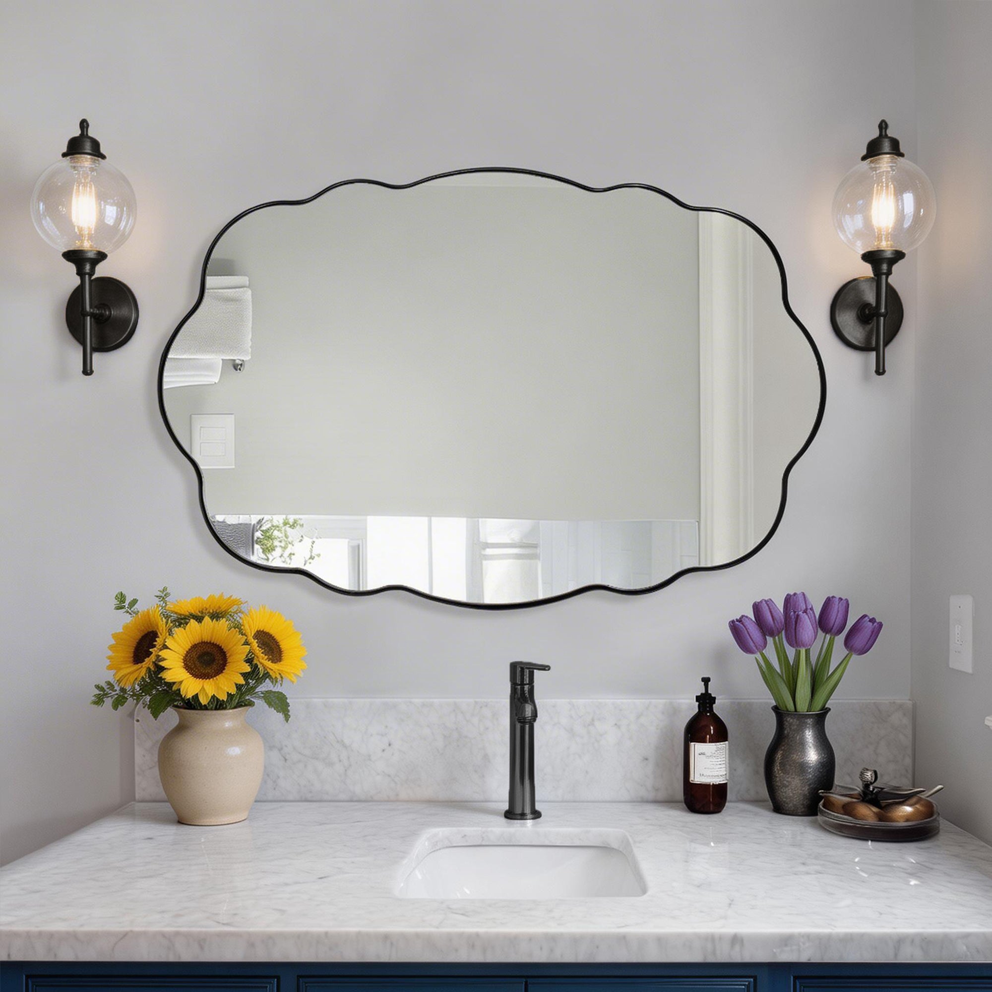 Contemporary Wavy Oval Scalloped Bathroom Vanity Mirror Irregular Organic Mirror| Stainless Steel Framed