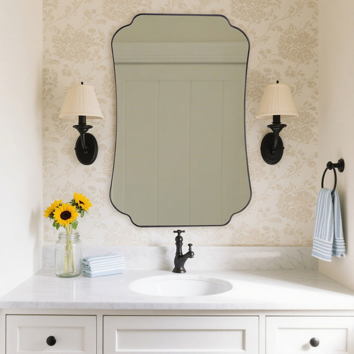 Contemporary Concave Edge Scalloped Bathroom Mirror Decorative | Stainless Steel Frame