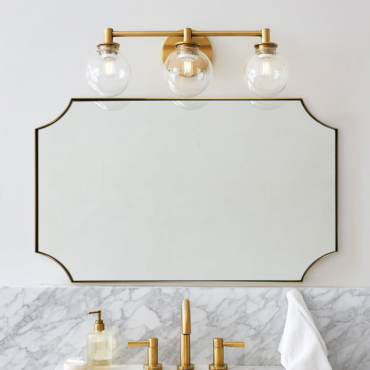 Modern Cut Corner Scalloped Rectangle Bathroom Vanity Mirror | Stainless Steel Frame