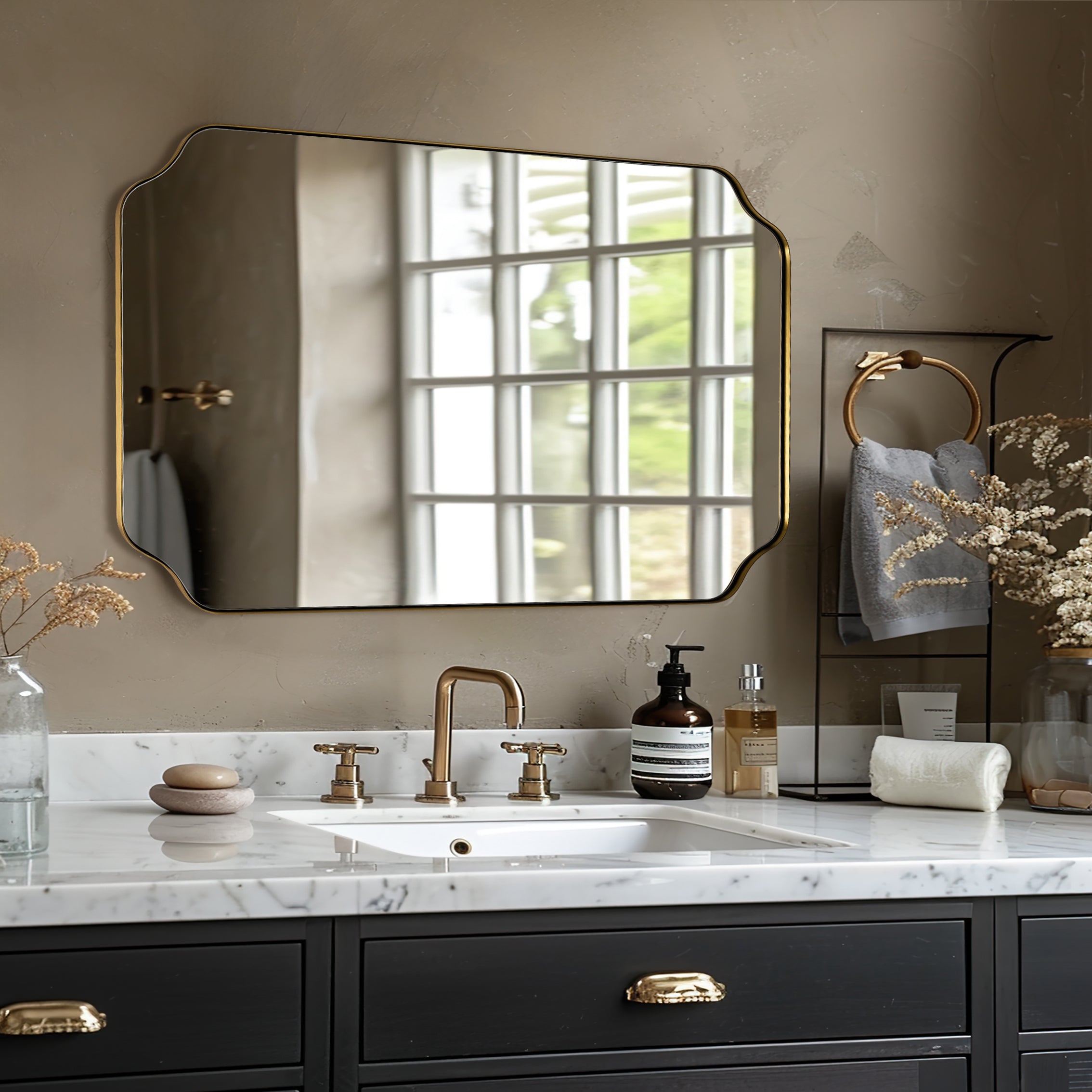 Open Box Like New:Notched Corner Irregular Scalloped Rectangle Mirrors | Stainless Steel Frame