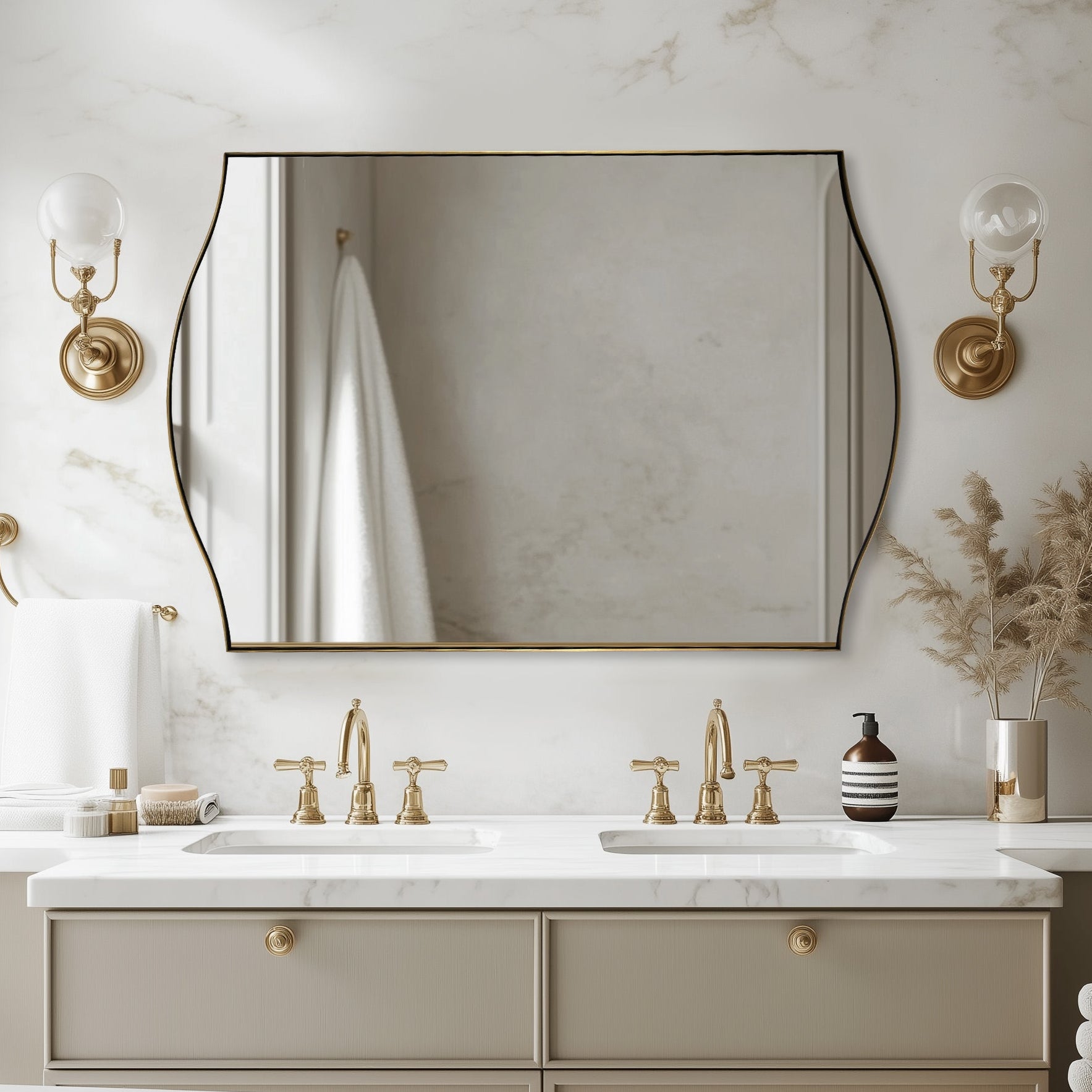 Dual Curve Arch Rectangular Scalloped Bathroom Wall Mirror |Stainless Steel Framed