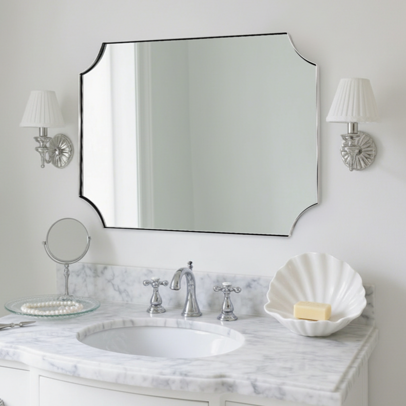 Open Box Like New : Notched Corner Scalloped Rectangle Bathroom Vanity Mirror | Stainless Steel Farme