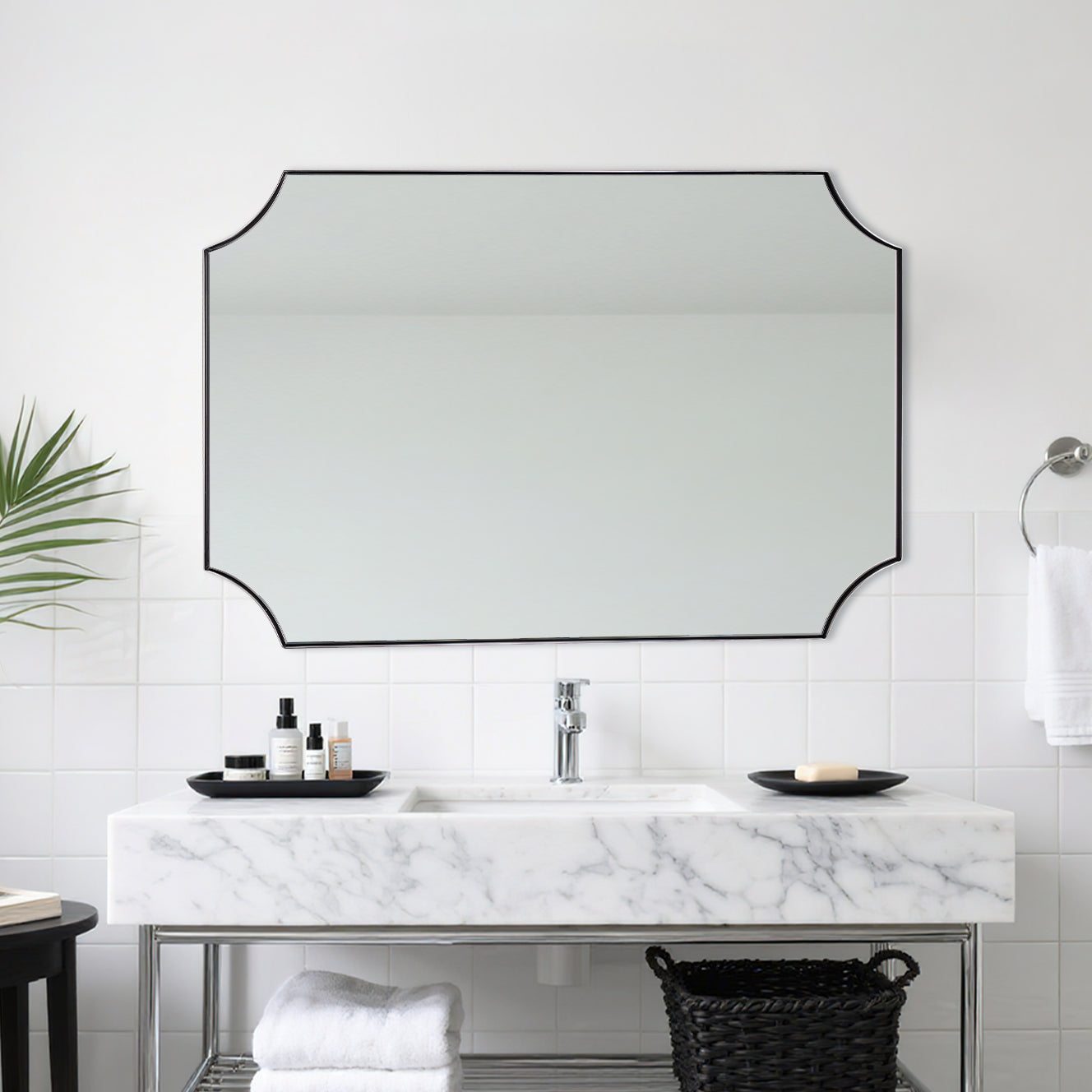 Contemporary Rounded Notched Corner Scalloped Rectangle Bathroom Vanity Mirror | Stainless Steel Frame
