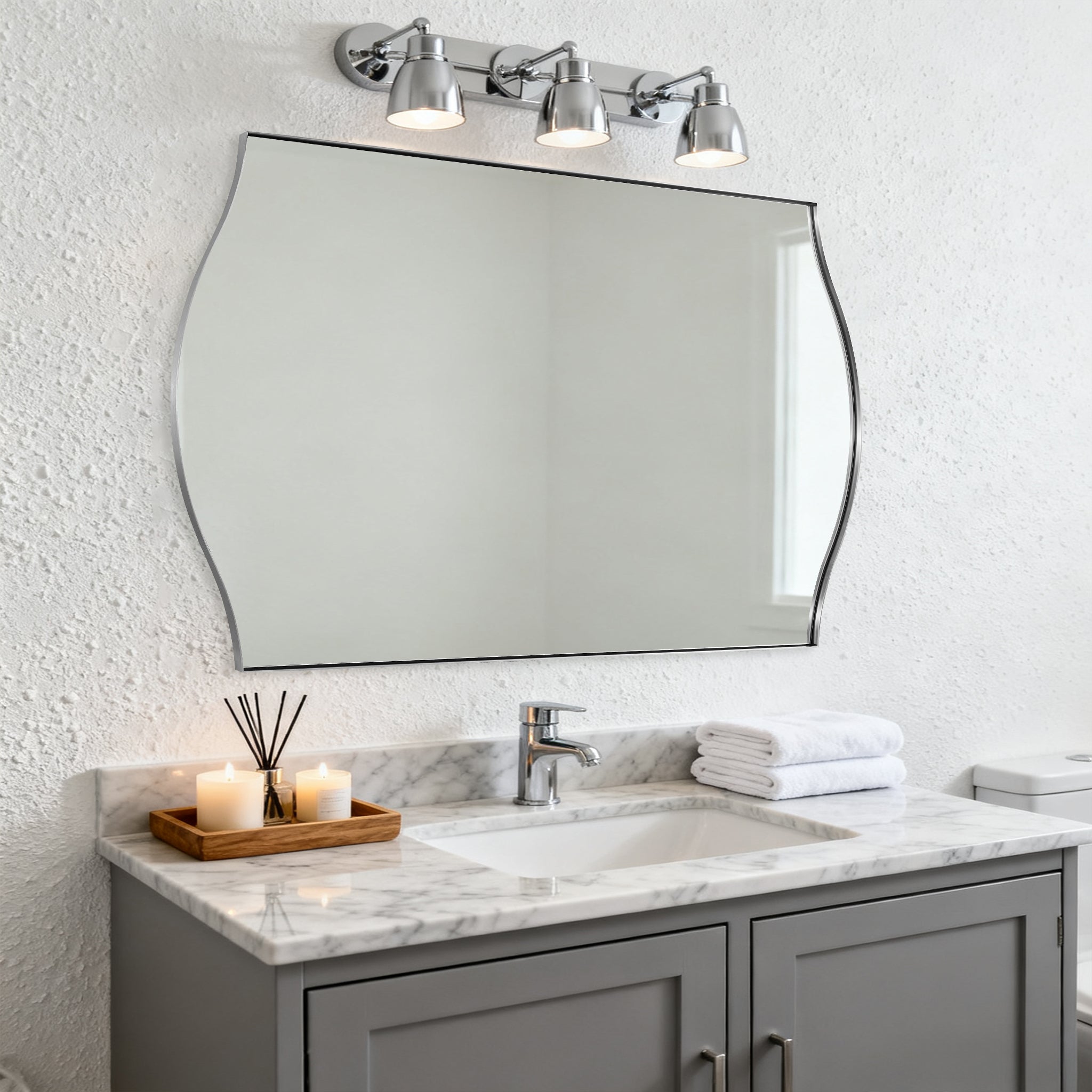 Dual Curve Arch Rectangular Scalloped Bathroom Wall Mirror |Stainless Steel Framed