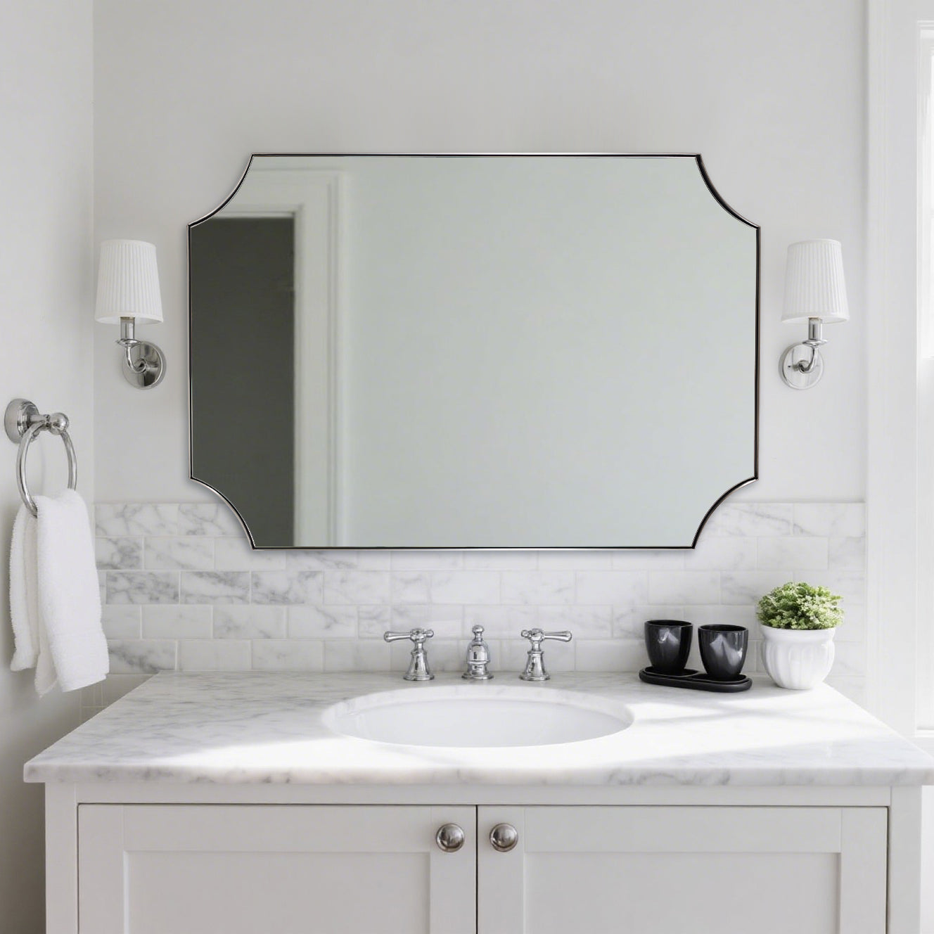 Contemporary Notched Corner Scalloped Rectangle Bathroom Vanity Mirror | Stainless Steel Frame