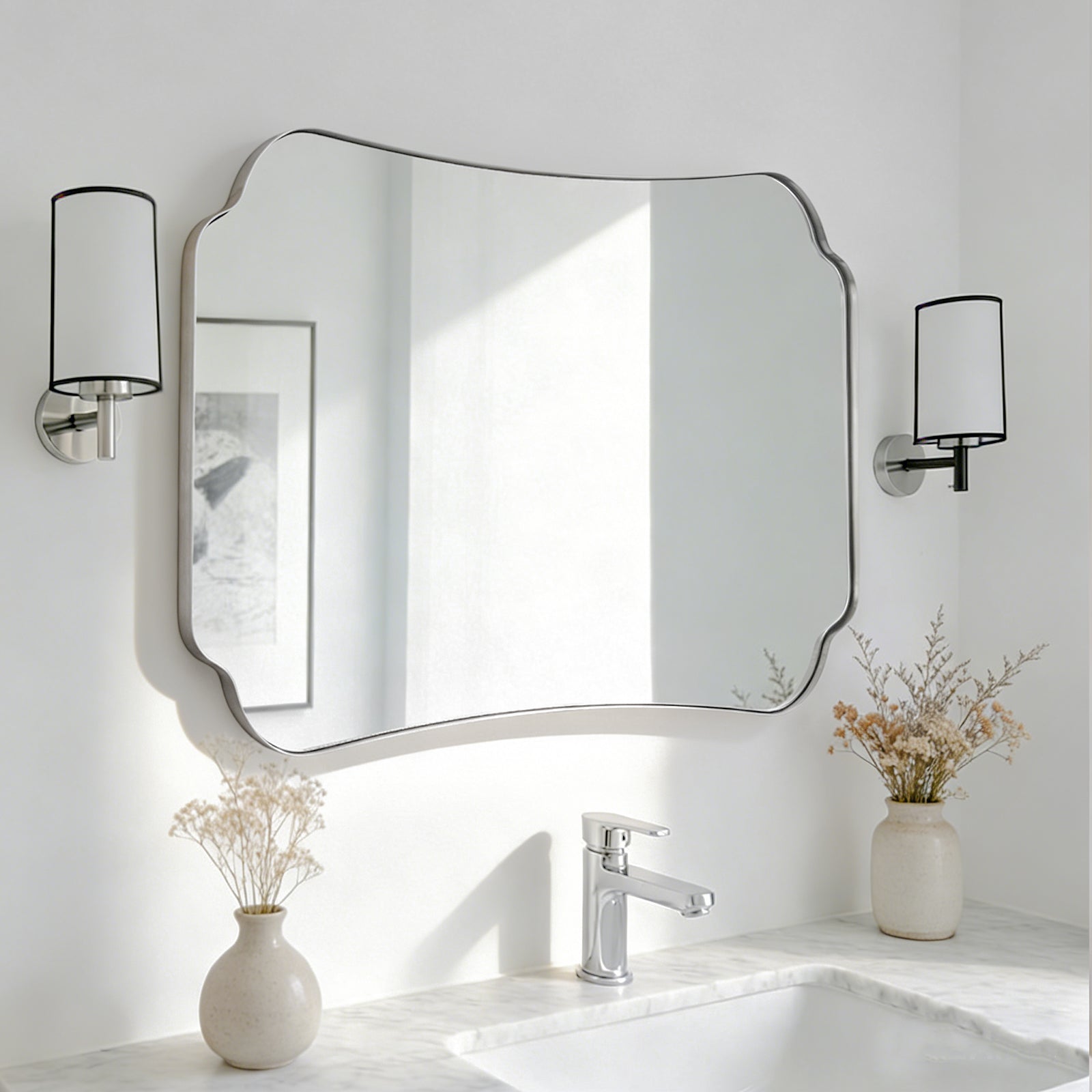 Contemporary Concave Edge Scalloped Bathroom Mirror Decorative | Stainless Steel Frame