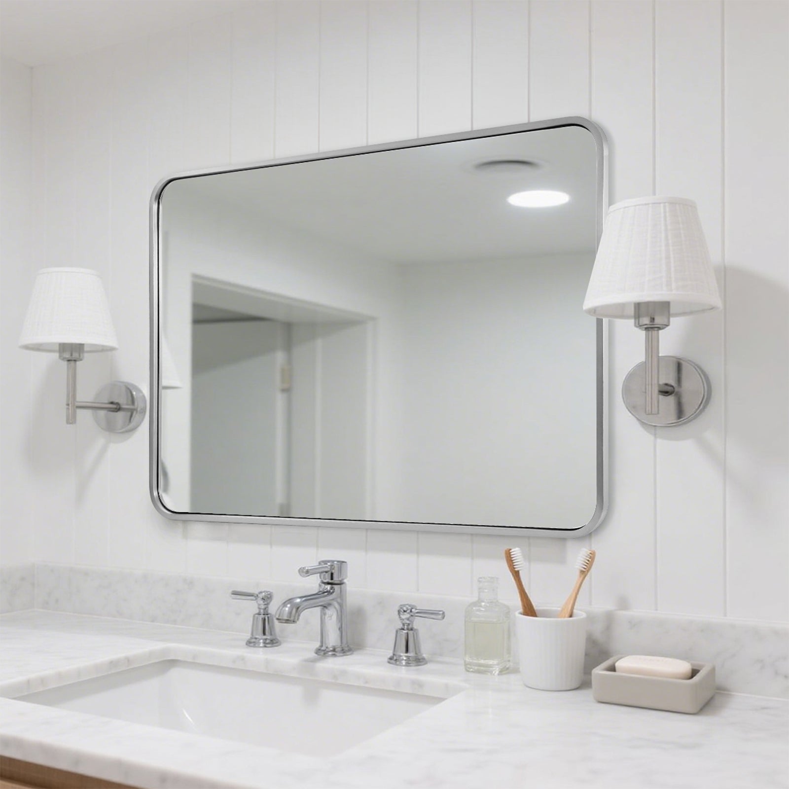 Modern Bold Stainless Steel Framed Rounded Rectangular Bathroom Wall Mirror
