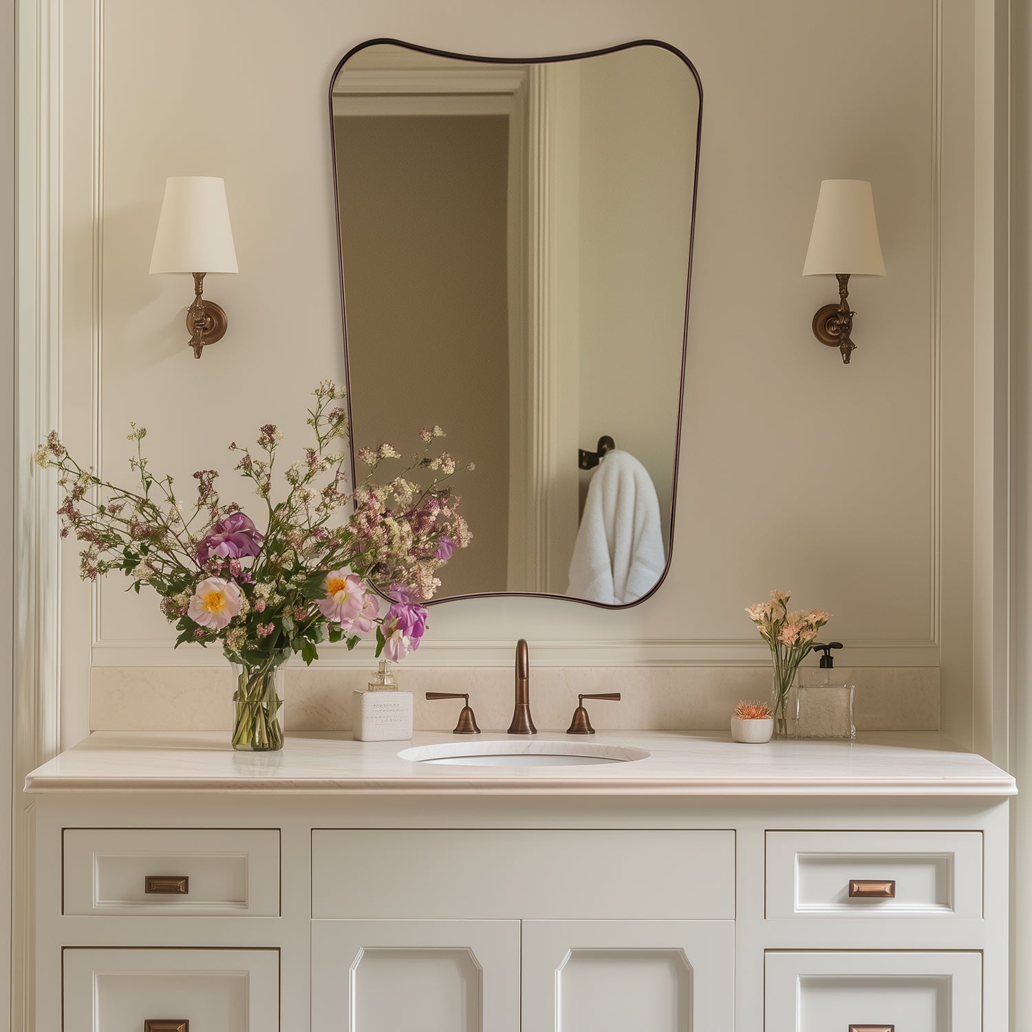 Antique Concave Top Rectangle Scalloped Decor Bathroom Mirror |Stainless Steel Frame