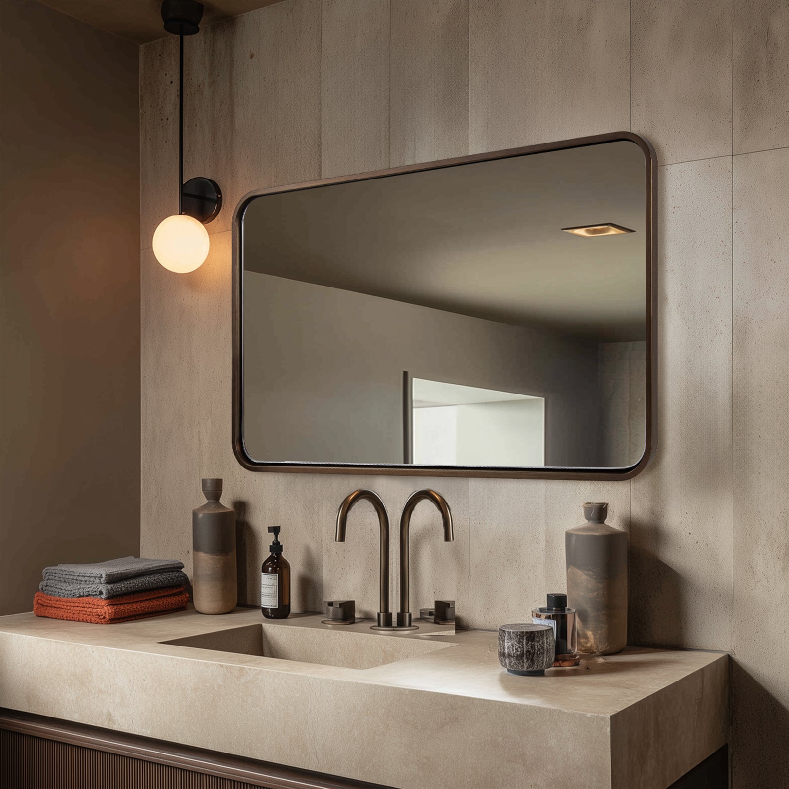 Contemporary Rounded Rectangular Bathroom Wall Mirror |Thicker Stainless Steel Framed