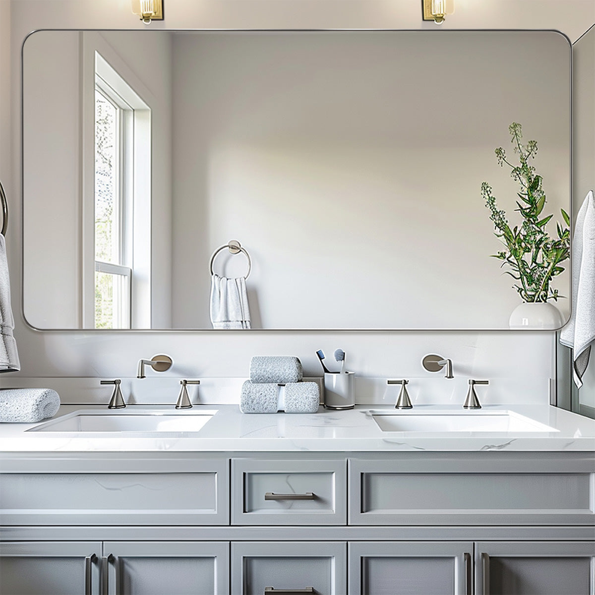 Open Box Like New : Modern Rounded Rectangle Mirror for Bathroom/ Vanity/ Wall | Stainless Steel Frame