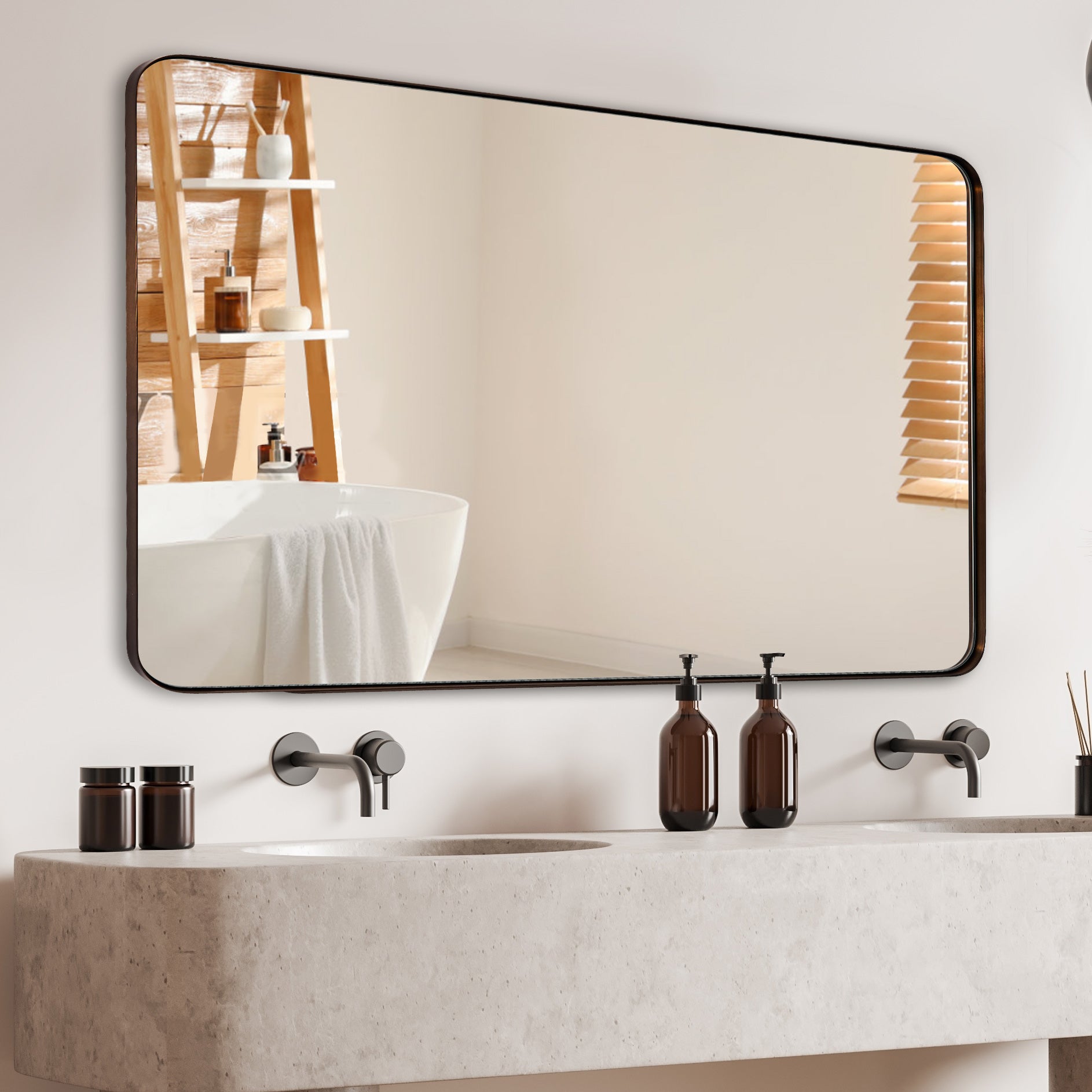 Open Box Like New : Modern Rounded Rectangle Mirror for Bathroom/ Vanity/ Wall | Stainless Steel Frame