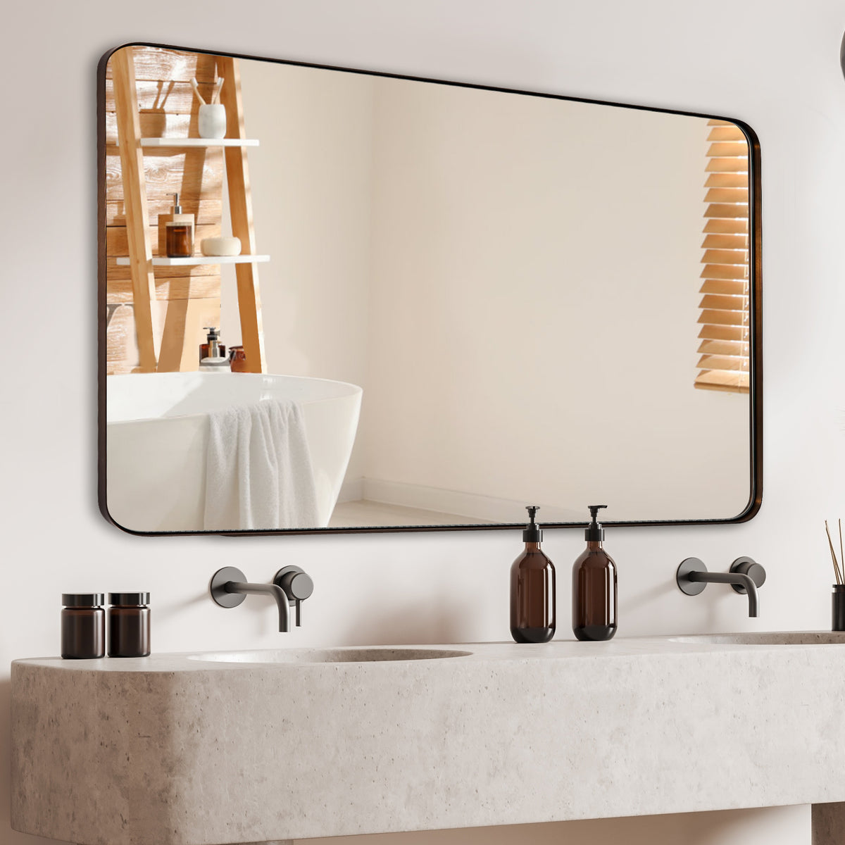 Open Box Like New : Modern Rounded Rectangle Mirror for Bathroom/ Vanity/ Wall | Stainless Steel Frame