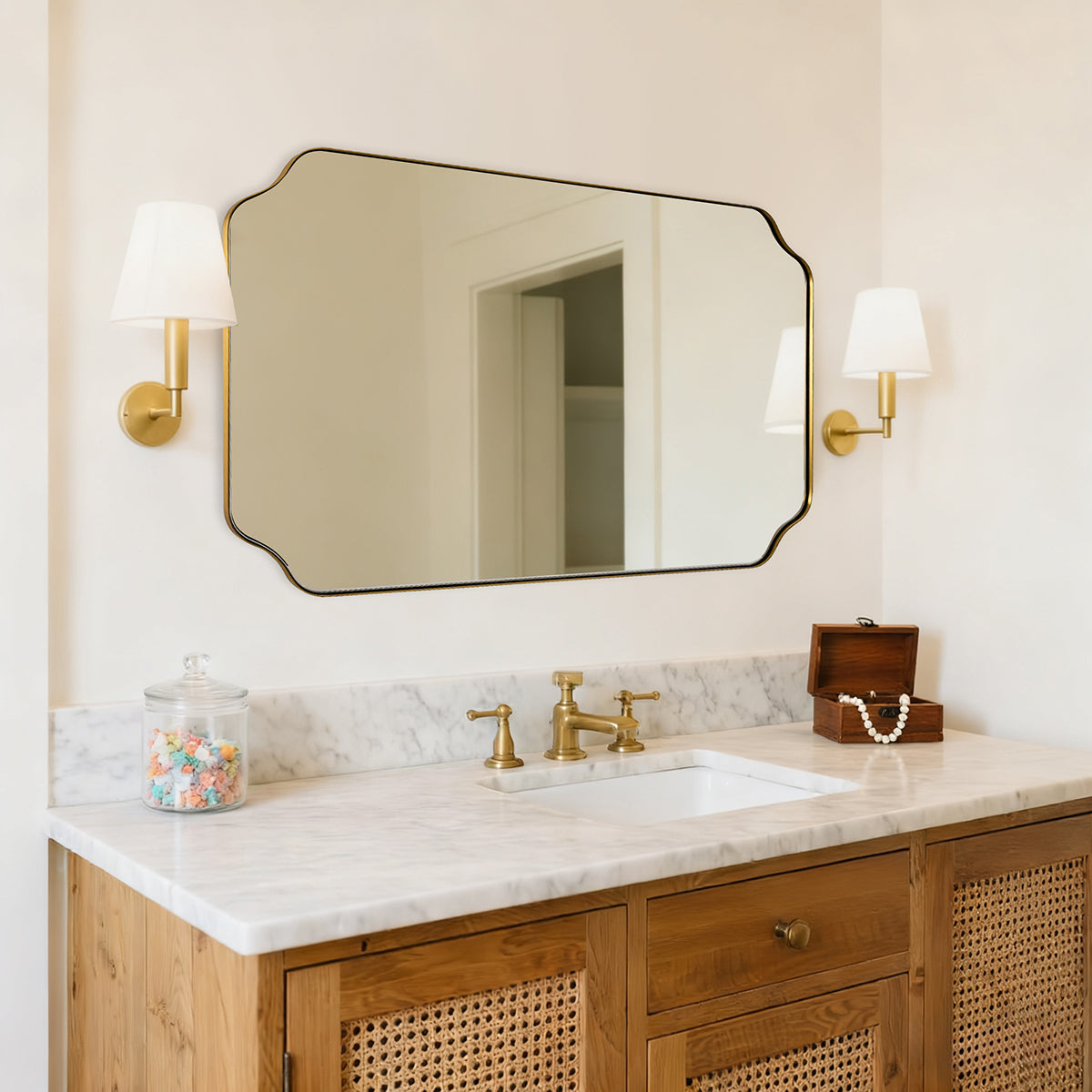 Modern Cut Corner Rectangle Scalloped Mirror for Wall /Bathroom | Stainless Steel Frame