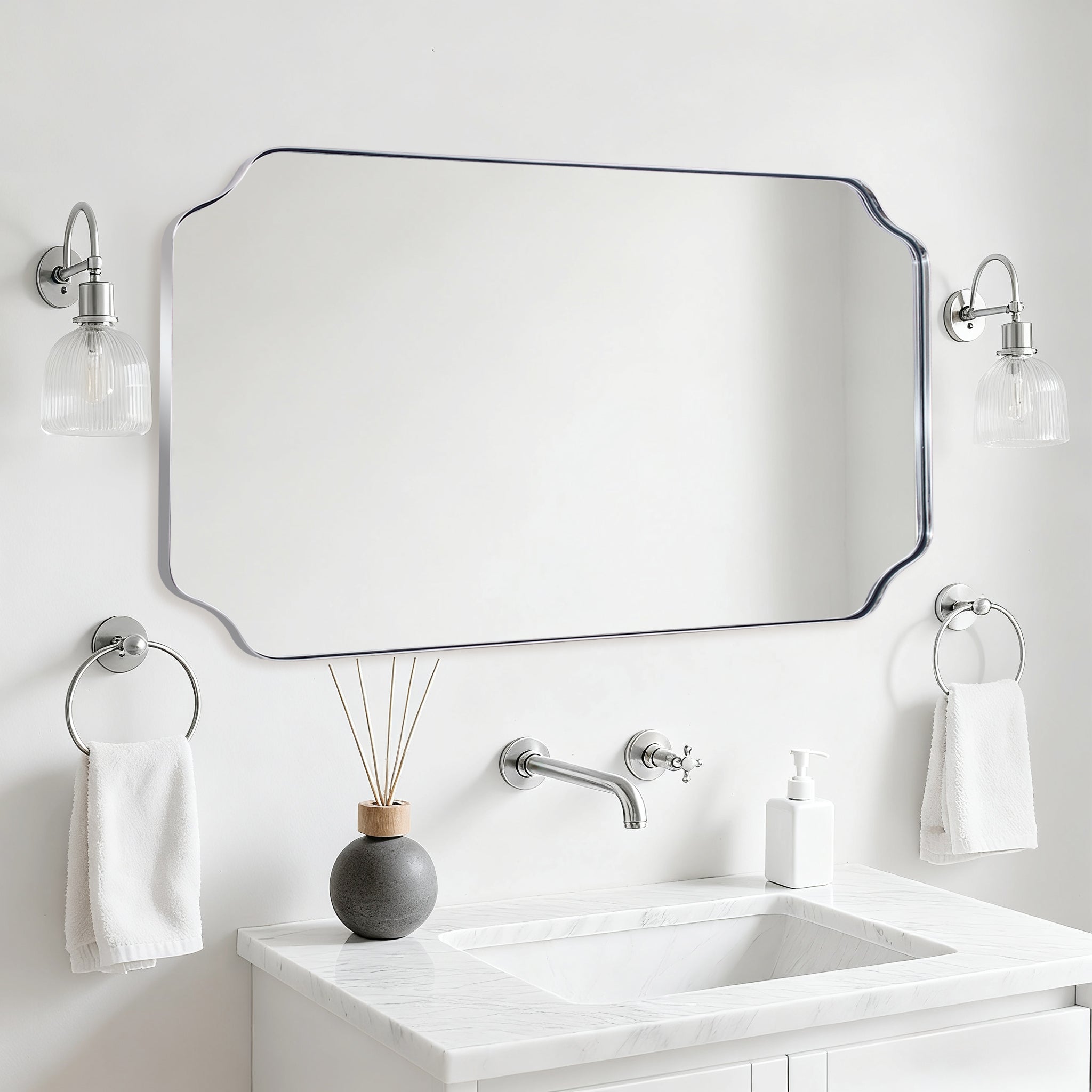 Contemporary Notched Corner Rectangle Scalloped Mirror for Wall /Bathroom | Stainless Steel Frame