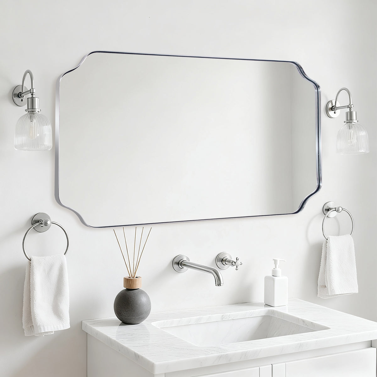 Modern Cut Corner Rectangle Scalloped Mirror for Wall /Bathroom | Stainless Steel Frame