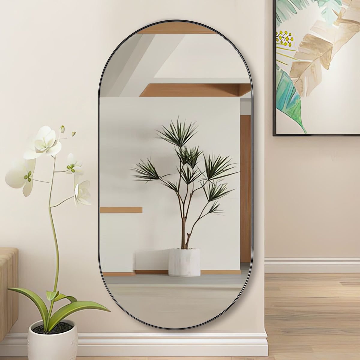 Full Length Pill Shaped Mirrors Wall Mounted, Full Body Long Leaning Mirror