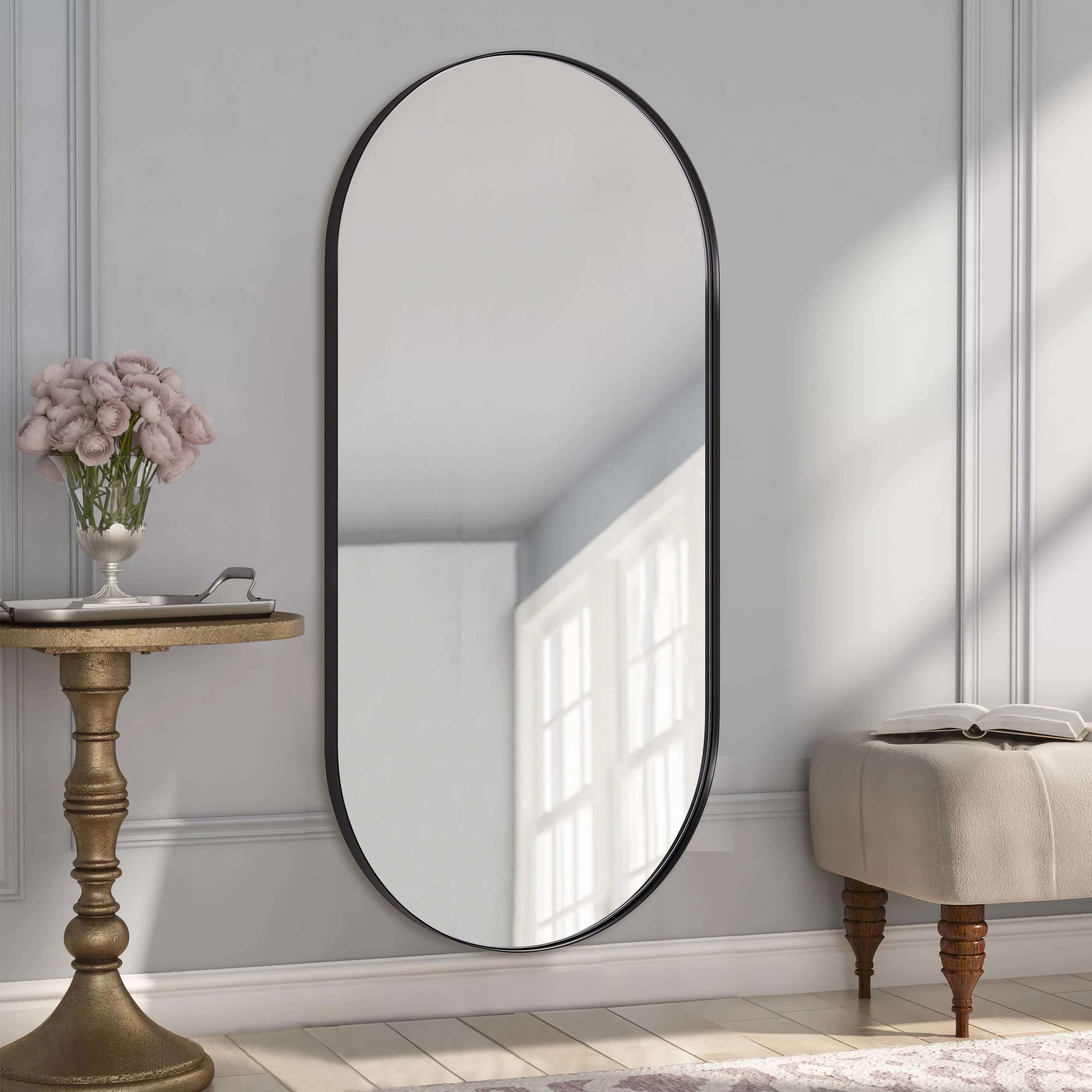 Full Length Pill Shaped Mirrors Wall Mounted, Full Body Long Leaning Mirror