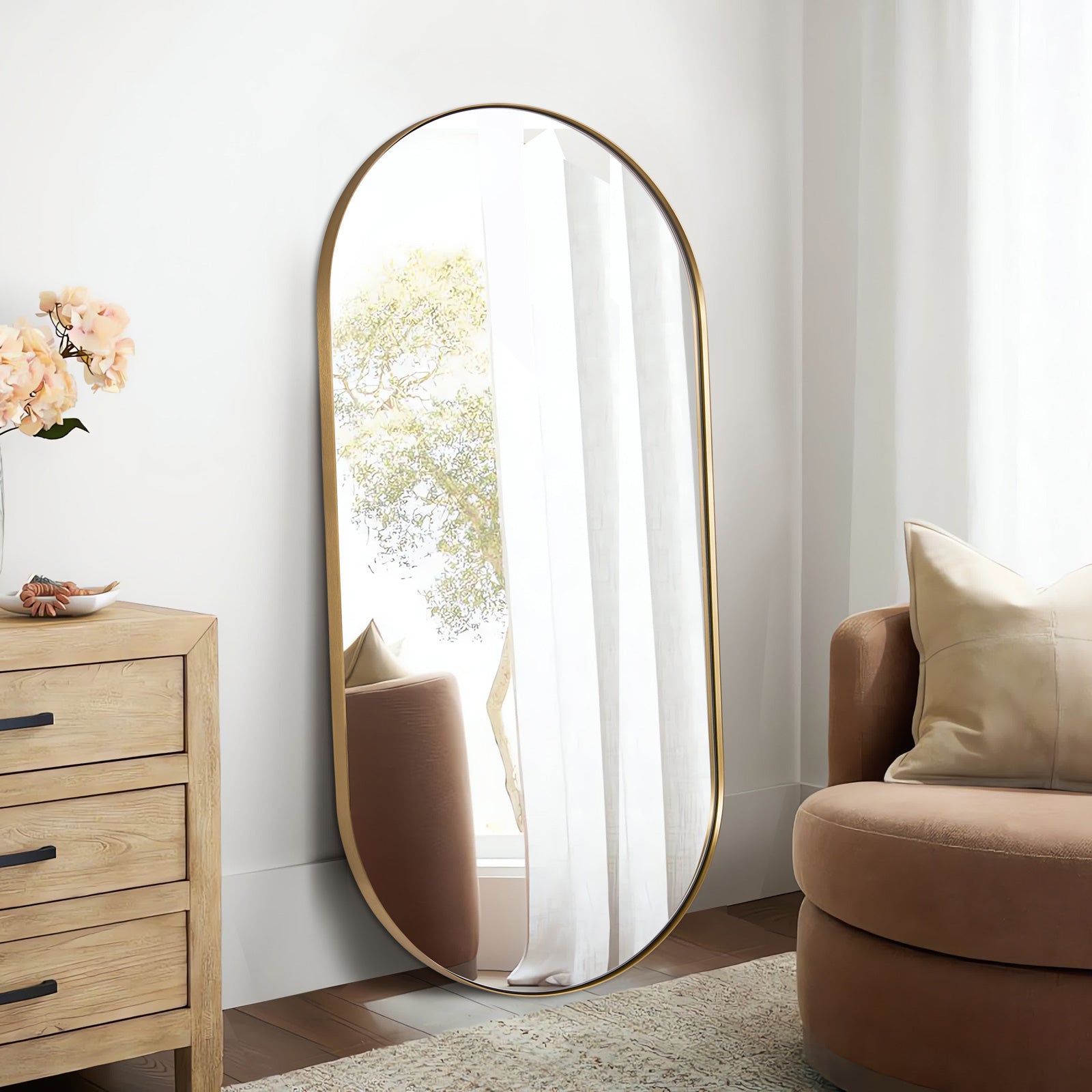 Full Length Pill Shaped Mirrors Wall Mounted, Full Body Long Leaning Mirror