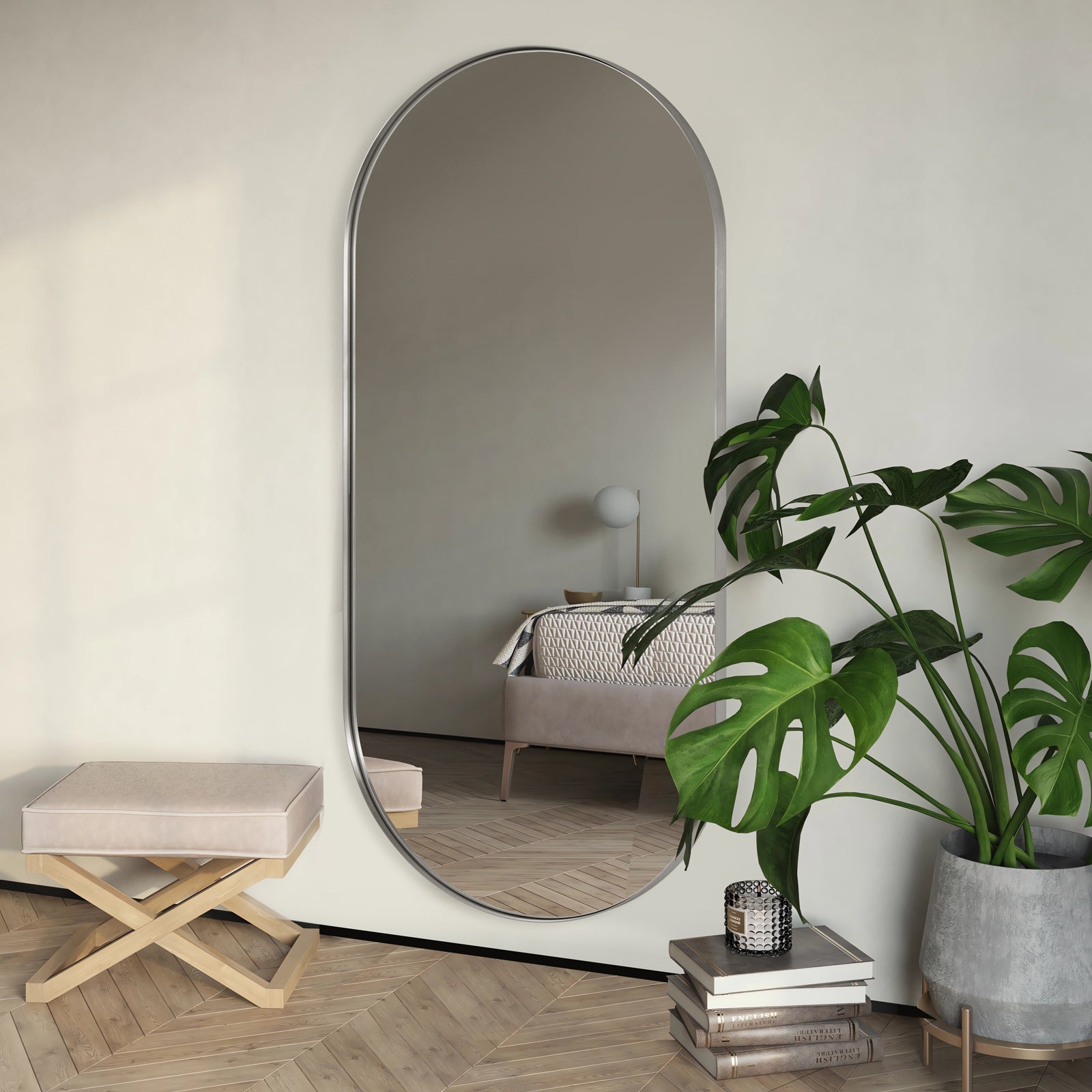 Full Length Pill Shaped Mirrors Wall Mounted, Full Body Long Leaning Mirror