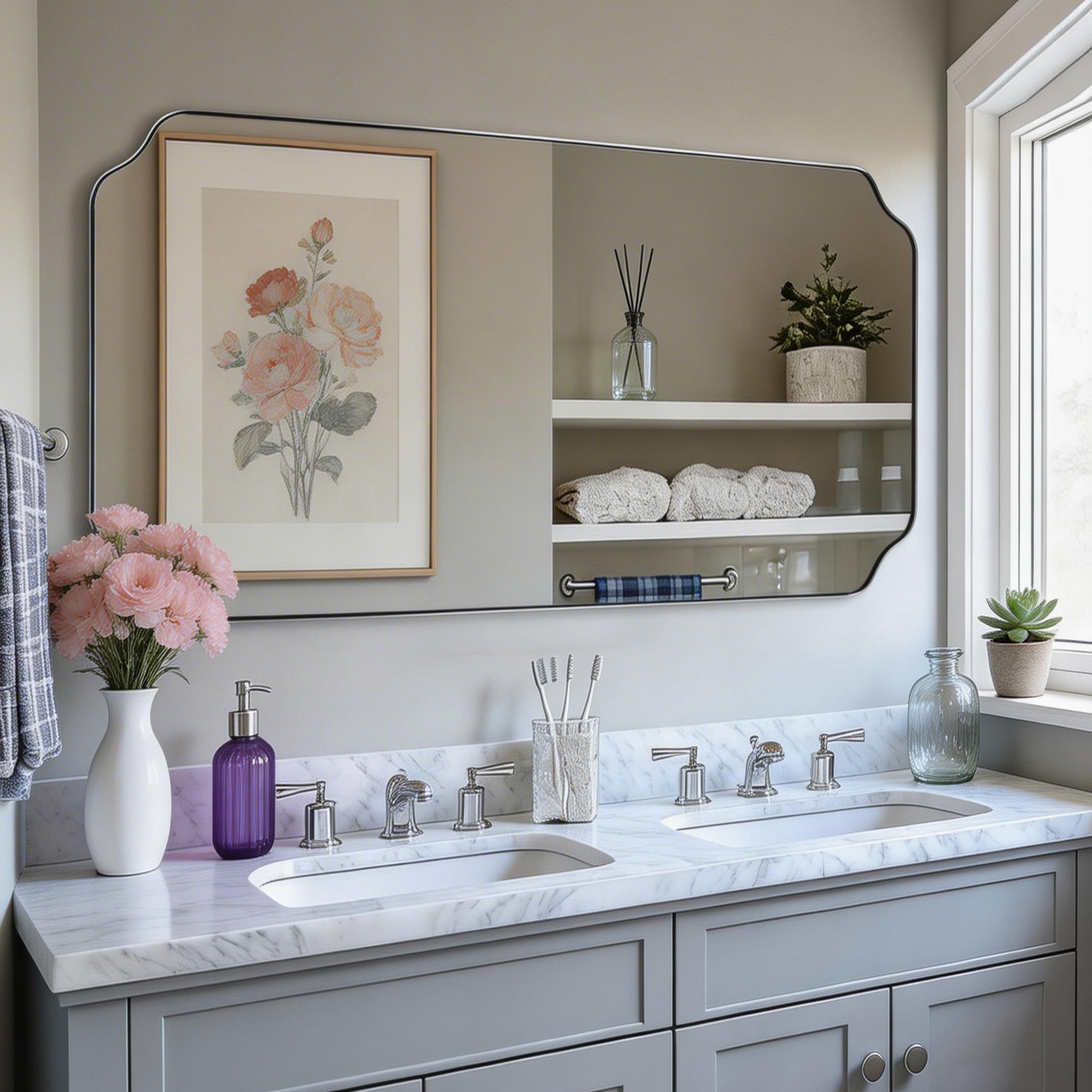 Contemporary Notched Corner Rectangle Scalloped Mirror for Wall /Bathroom | Stainless Steel Frame