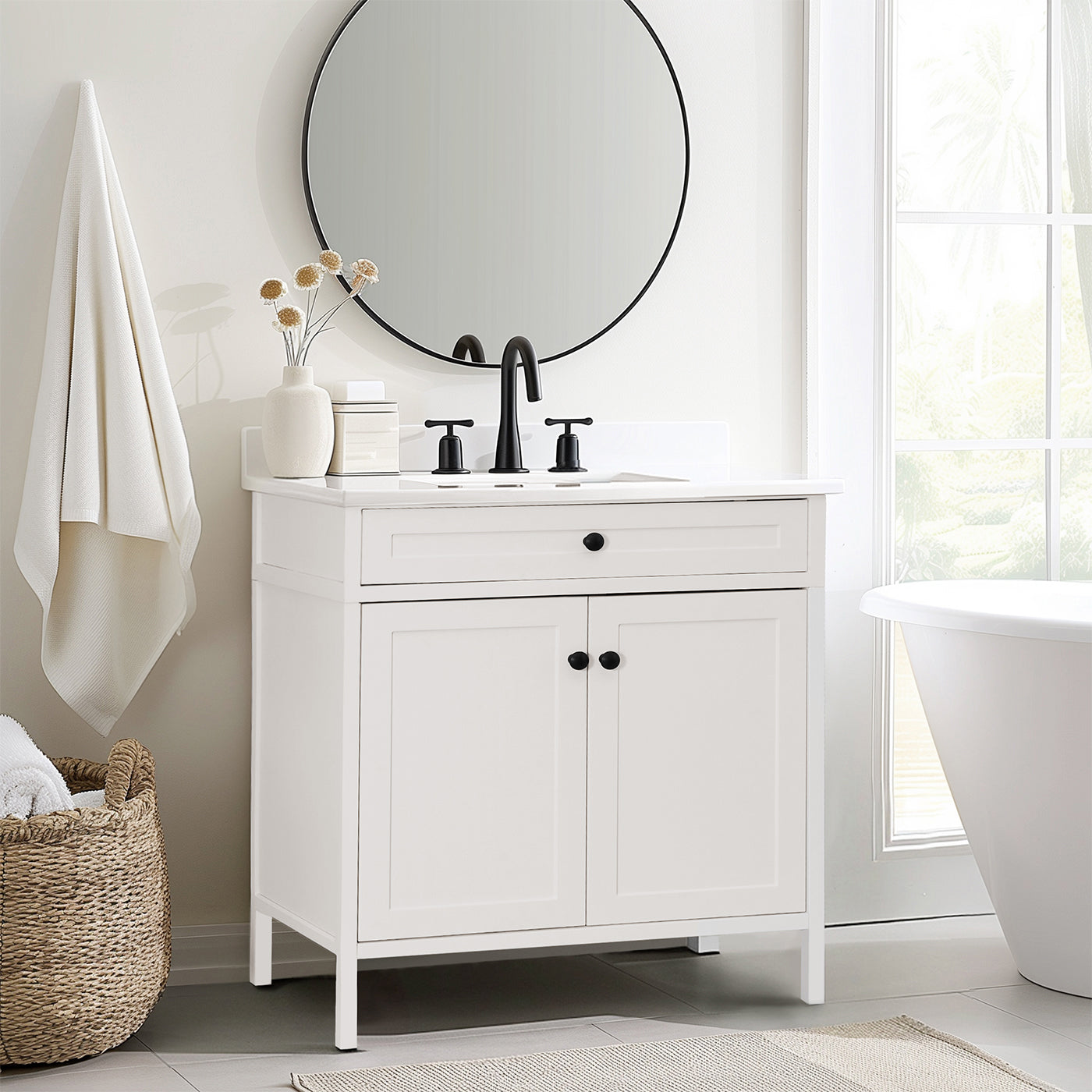 Modern Bathroom Vanity with Sink Combo, Bathroom Vanity Cabinet with 2 Doors and Shelf