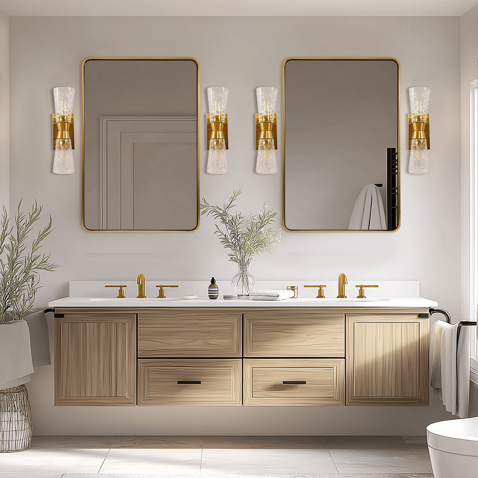 Artistic Double Sconce Flared Hammer Glass Shade Bathroom Light Fixtures