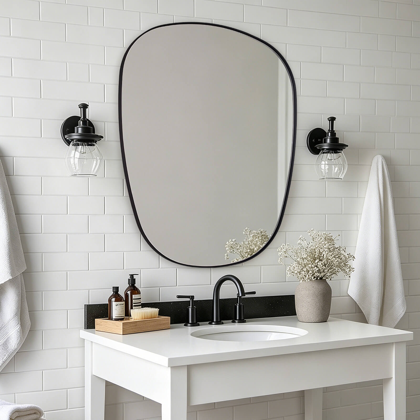 Contemporary Irregular Organic Bathroom Wall Mirror Asymmetric Decorative Mirror | Stainless Steel Frame