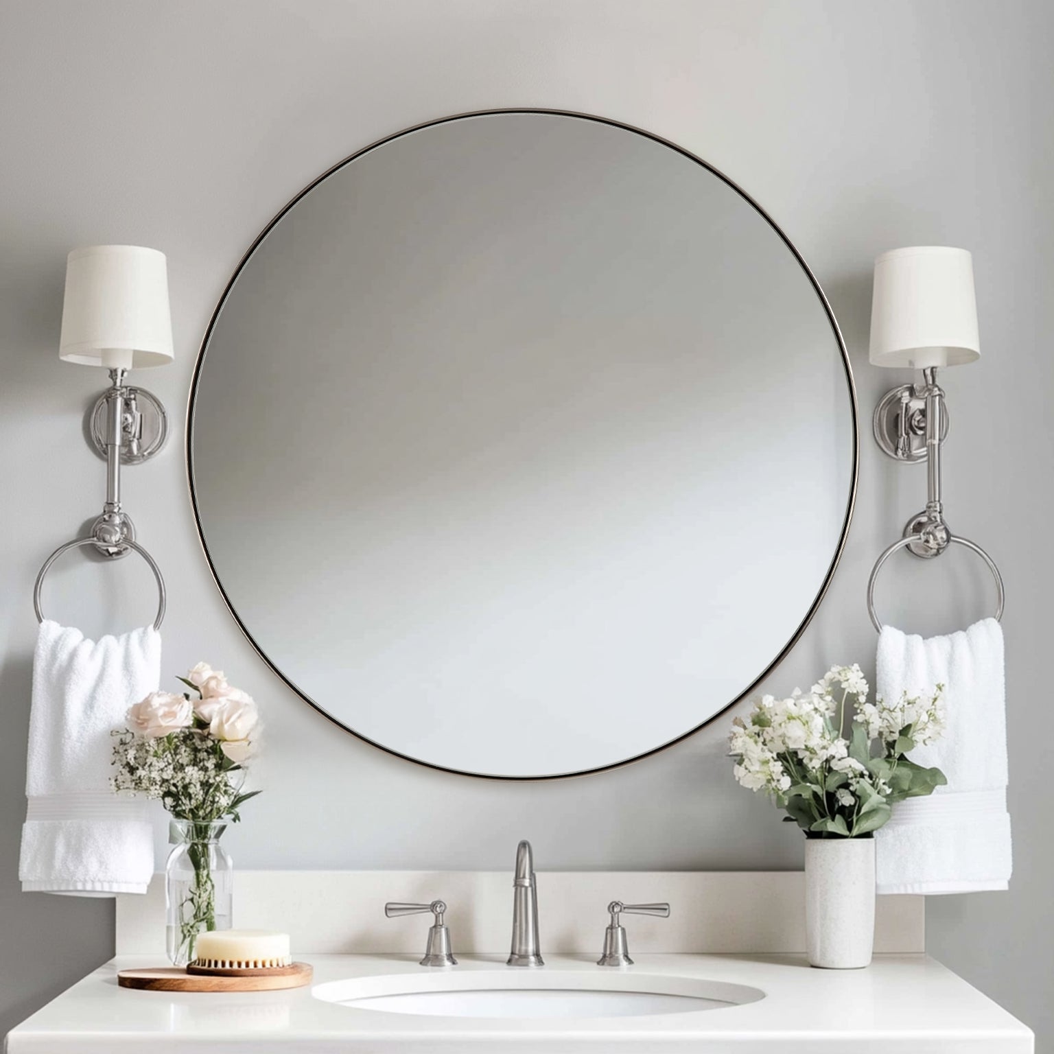 Contemporary Round Bathroom Mirrors Circle Wall Mirrors | Stainless Steel Frame
