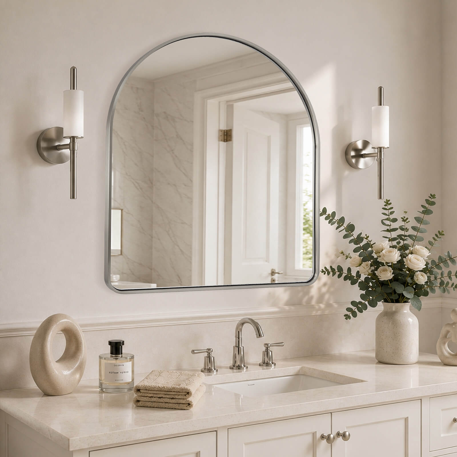 Contemporary Arched Bathroom Vanity Mirror Arch Wall Mirror |Stainless Steel Framed