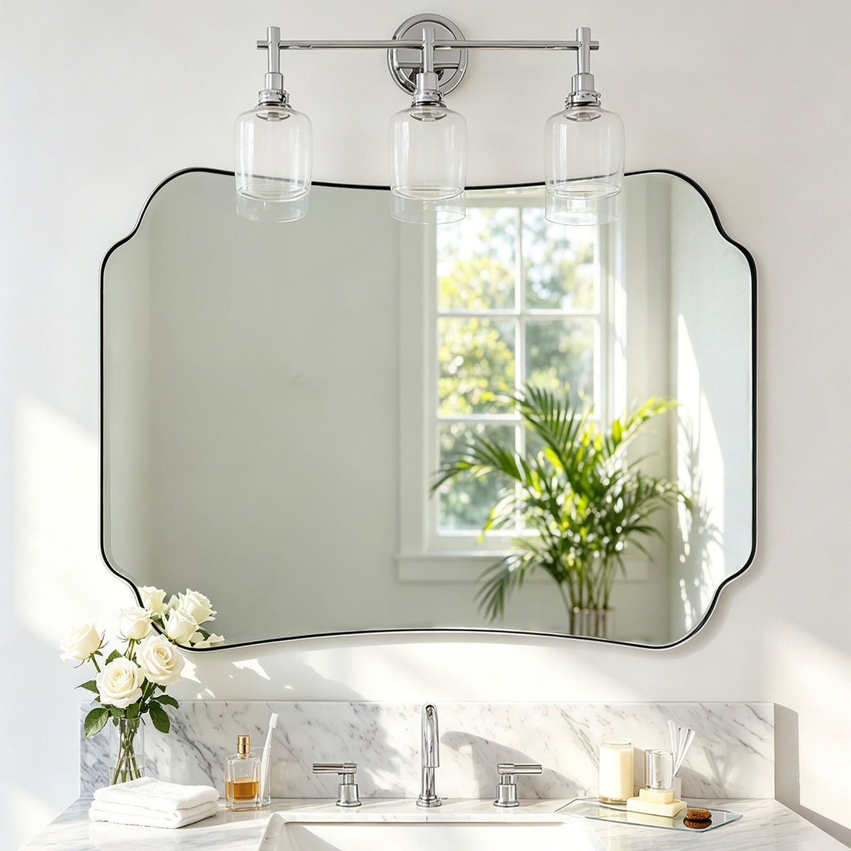 Contemporary Cut Corner Concave Edge Scalloped Bathroom Mirror | Stainless Steel Frame