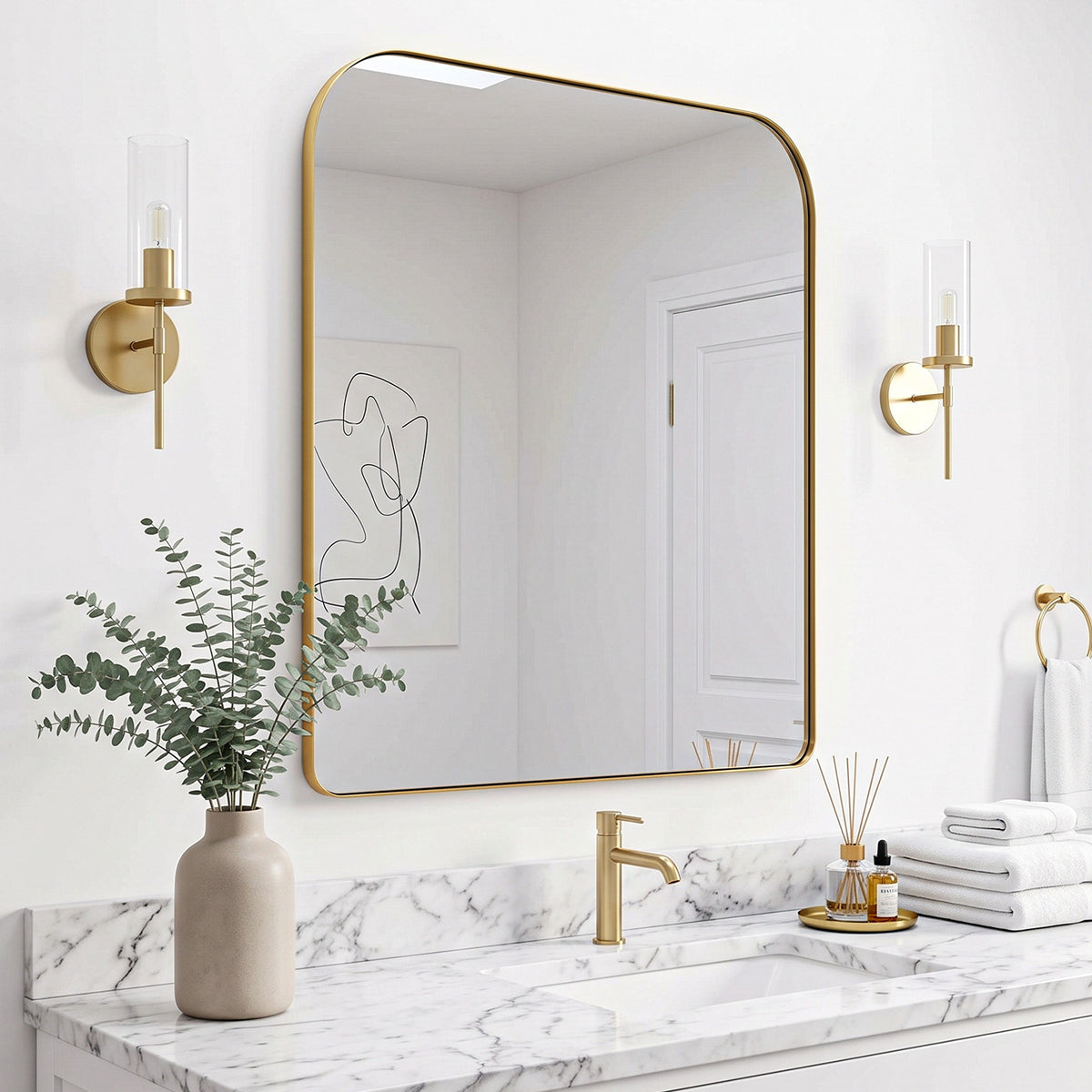 Modern Mantel Wide Arch Rectangle Bathroom Vanity Mirror | Stainless Steel Frame