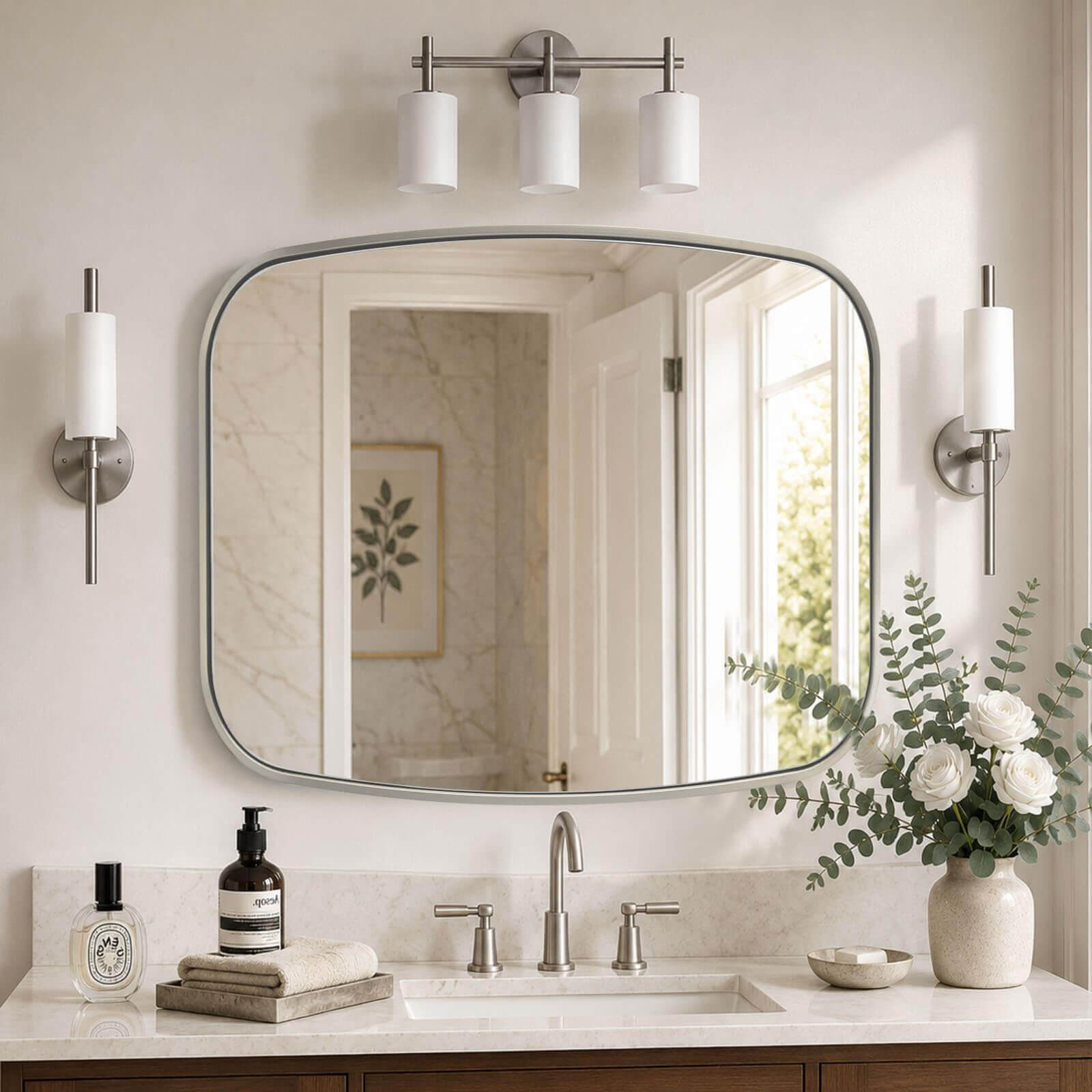 Contemporary Long Oval Oblong Bathroom Mirror | Stainless Steel Frame