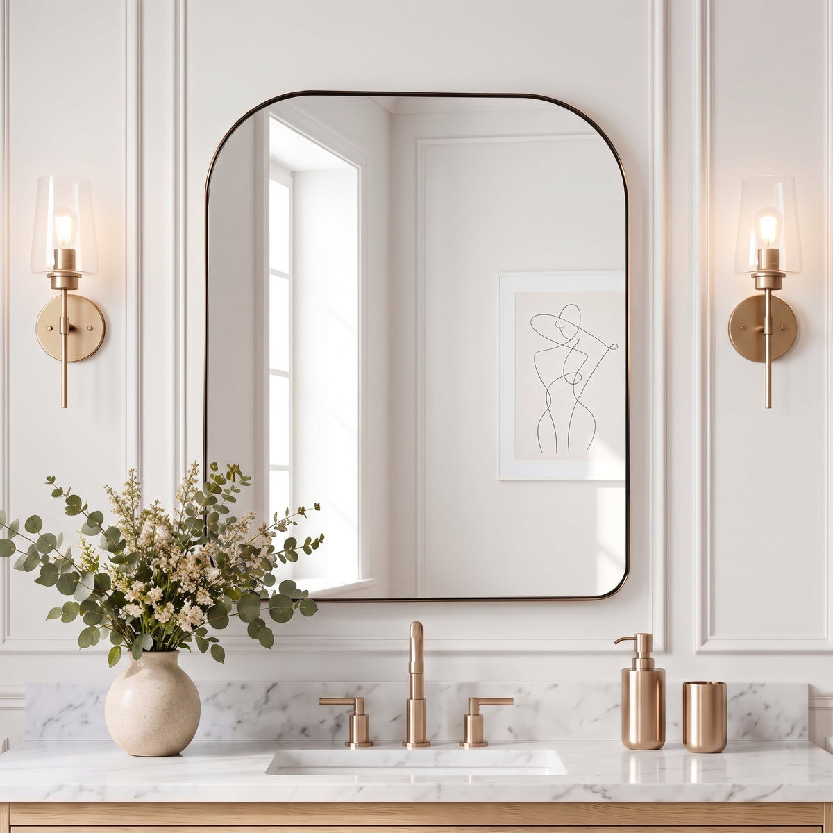 Modern Mantel Wide Arch Rectangle Bathroom Vanity Mirror | Stainless Steel Frame