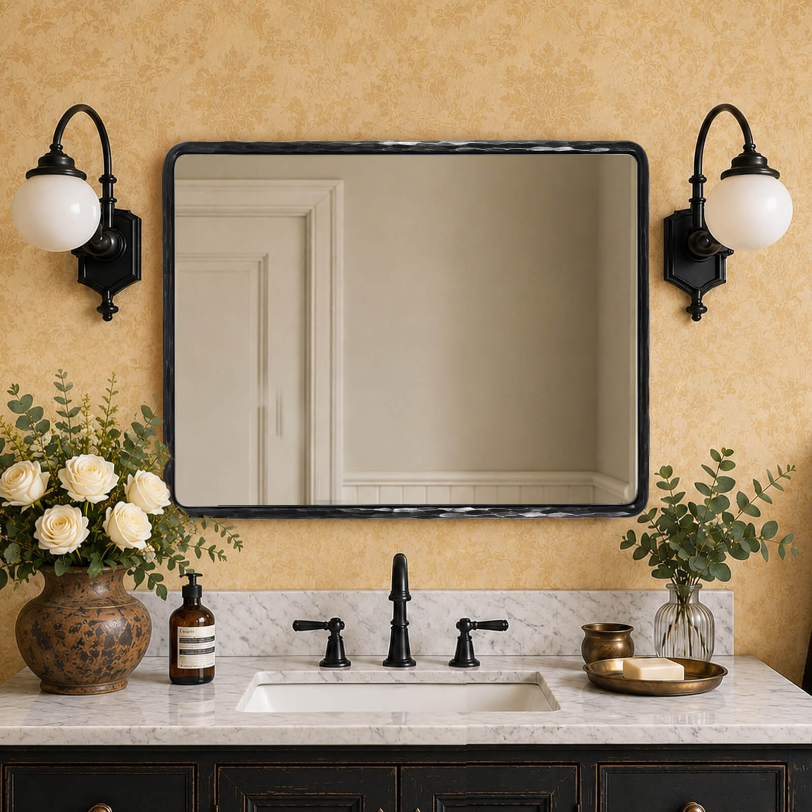 Antique Hand Hammer Frame Forged Iron Rectangle Wall Mirrors Wrought Iron Mirror